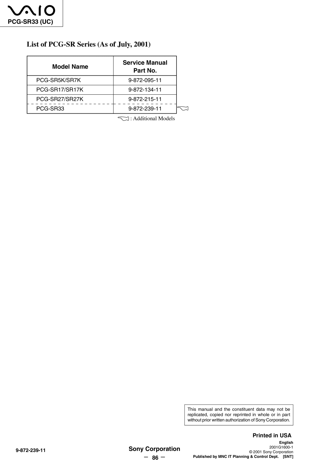 Sony PCG-SR27K service manual List of PCG-SR Series As of July 