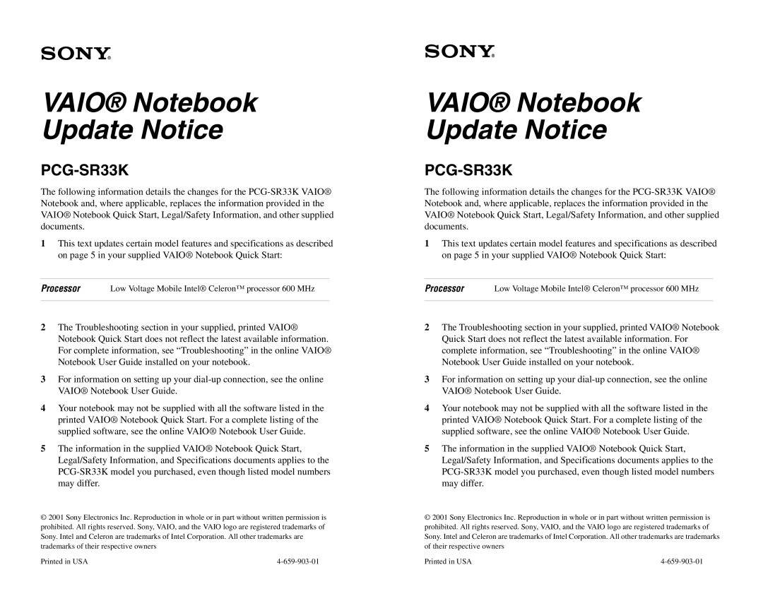 Sony PCG-SR33K quick start Vaio Notebook Update Notice, Processor 