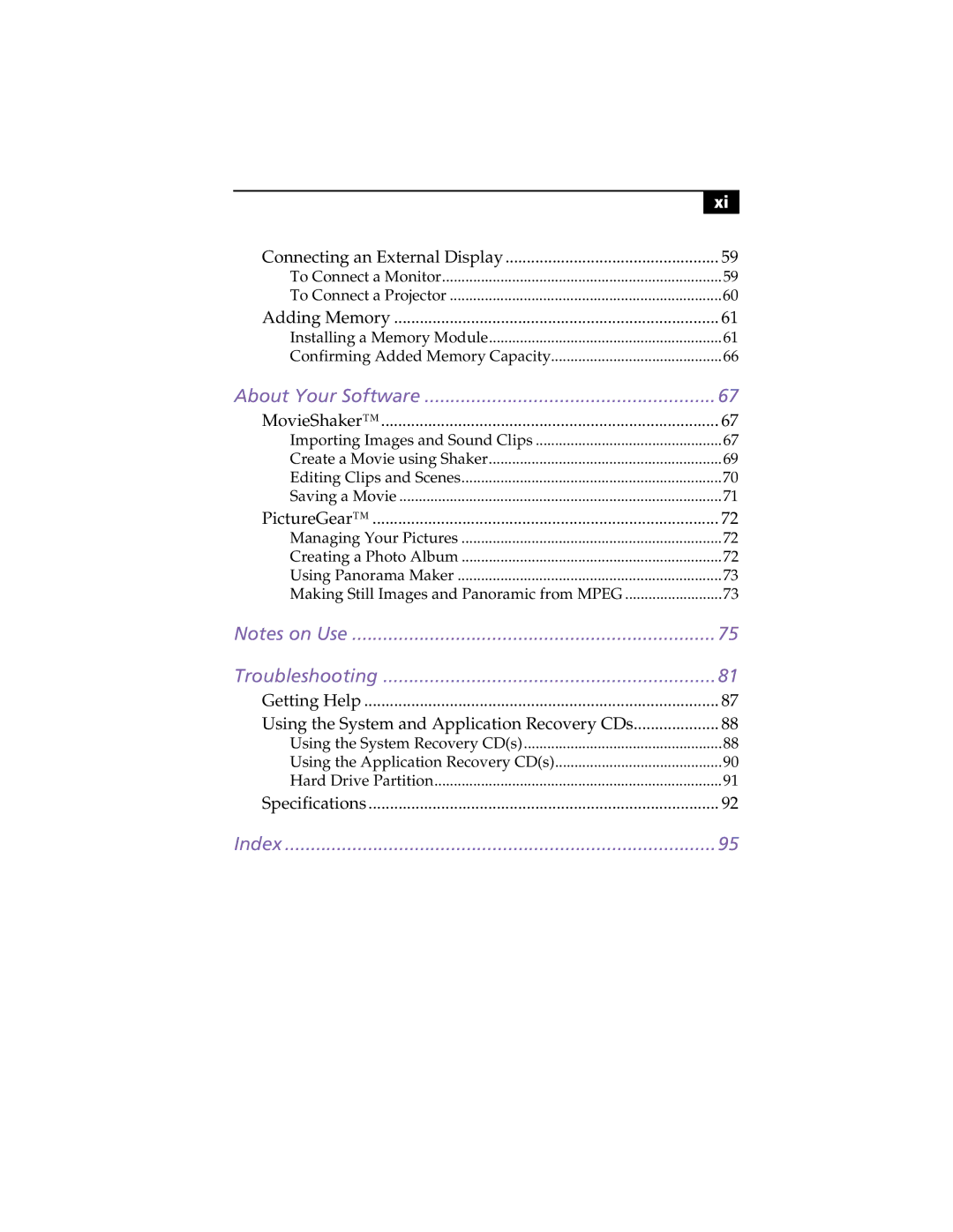 Sony PCG-SR7K, PCG-SR5K manual Index 