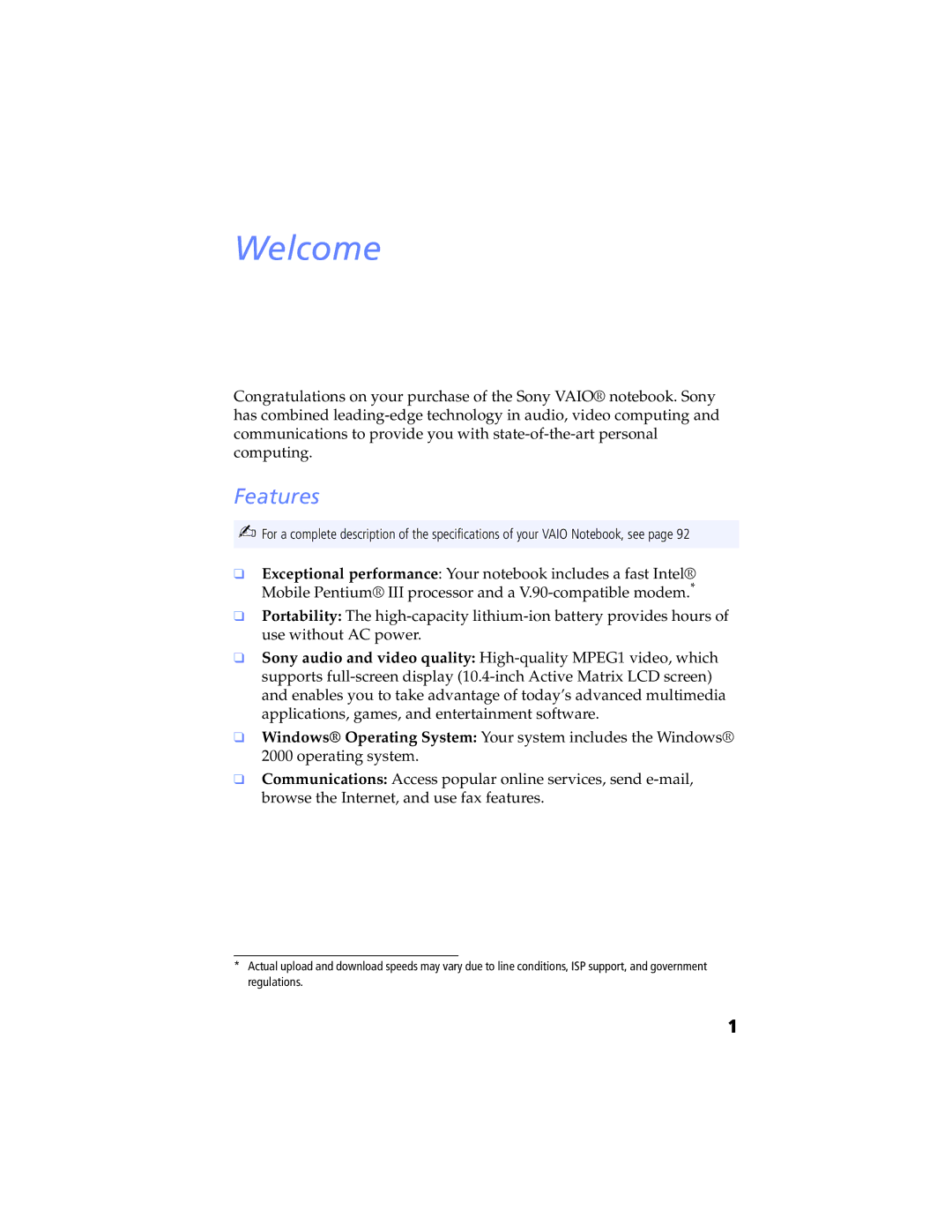 Sony PCG-SR7K, PCG-SR5K manual Welcome, Features 