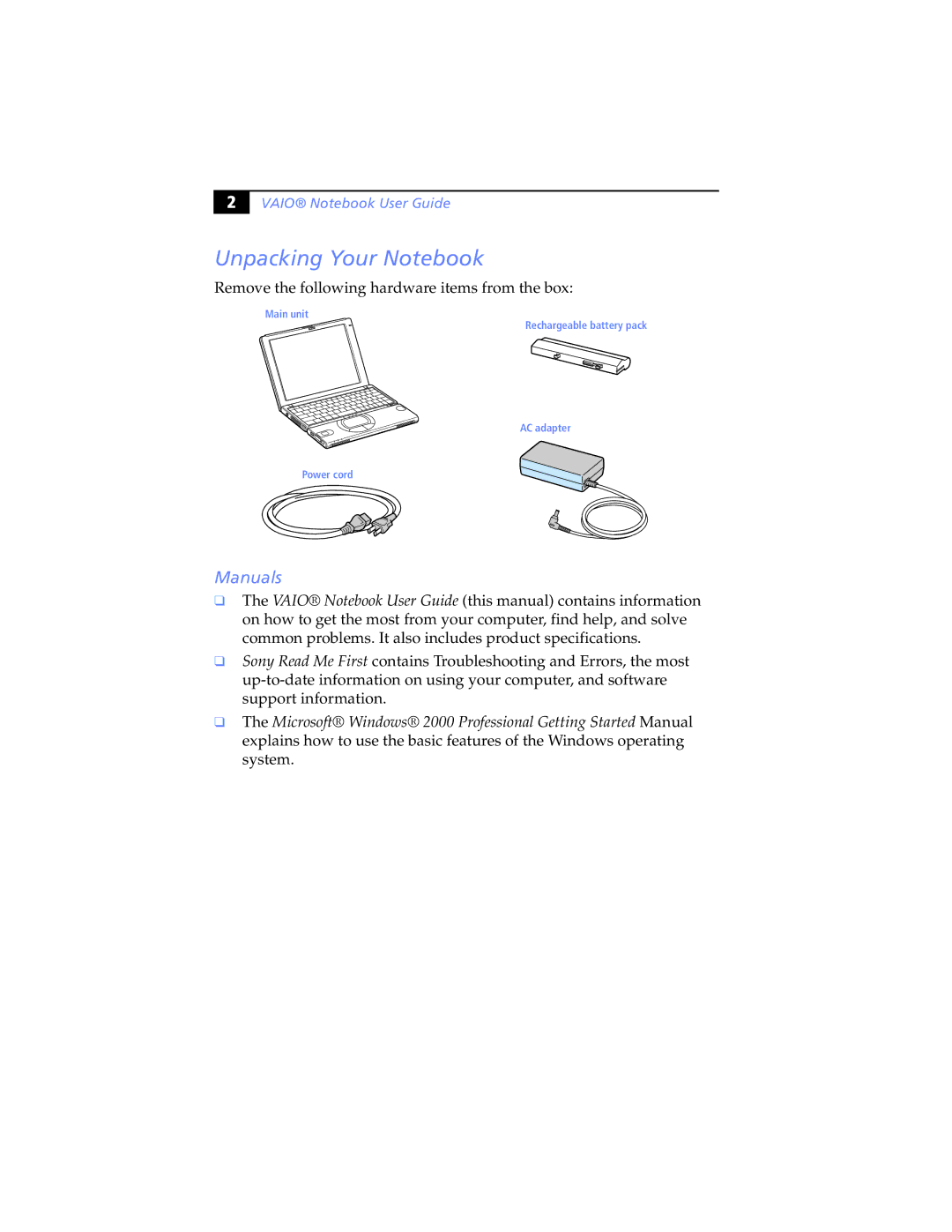 Sony PCG-SR5K, PCG-SR7K manual Unpacking Your Notebook, Manuals, Vaio Notebook User Guide 