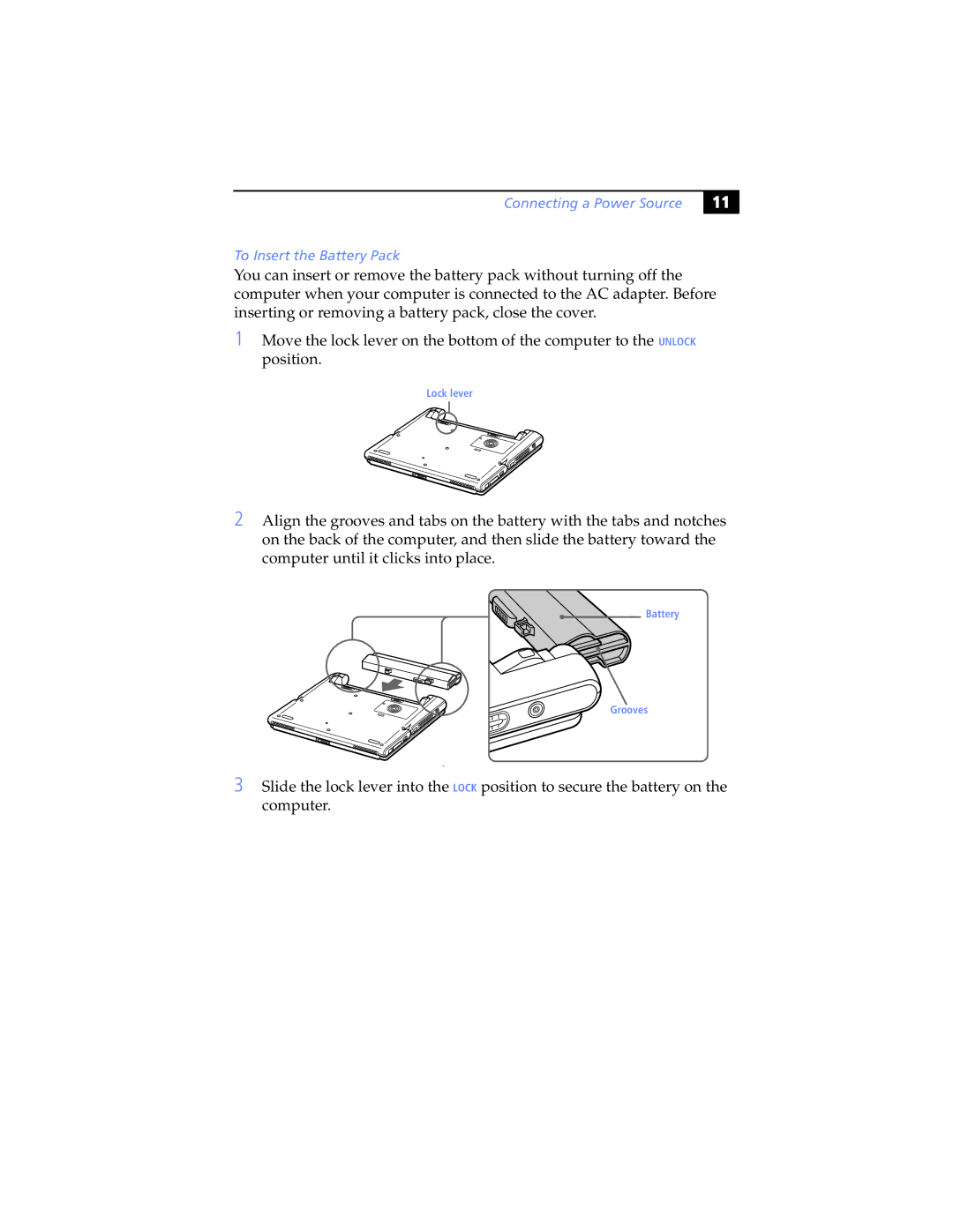 Sony PCG-SR7K, PCG-SR5K manual Connecting a Power Source To Insert the Battery Pack 