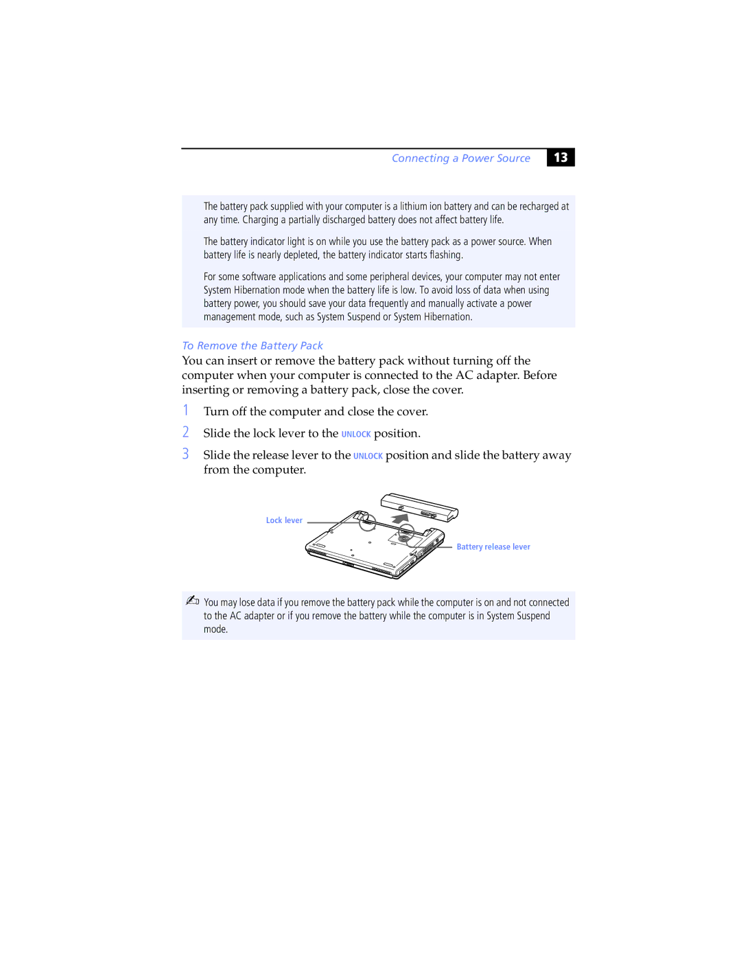 Sony PCG-SR7K, PCG-SR5K manual Connecting a Power Source, To Remove the Battery Pack 