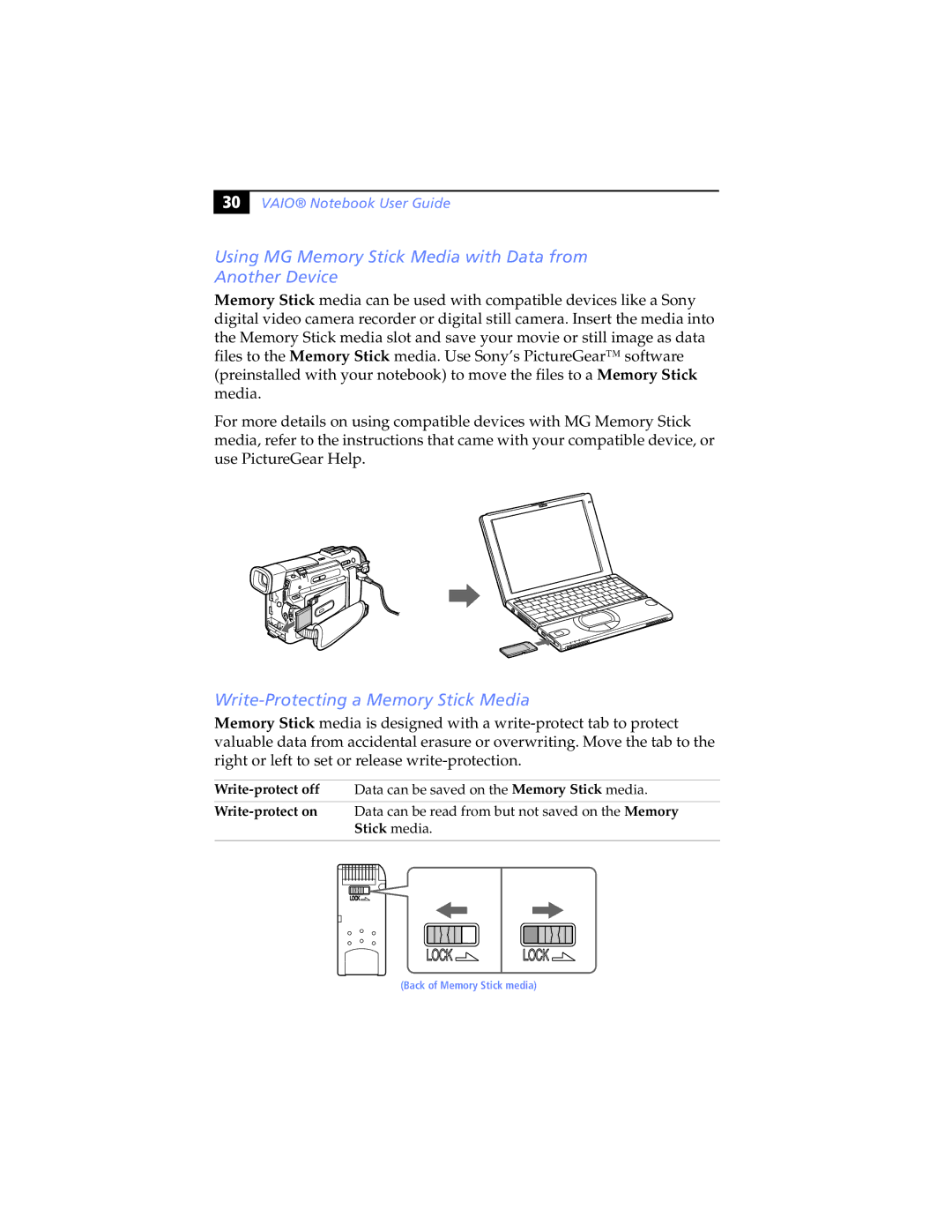 Sony PCG-SR5K, PCG-SR7K Using MG Memory Stick Media with Data from Another Device, Write-Protecting a Memory Stick Media 