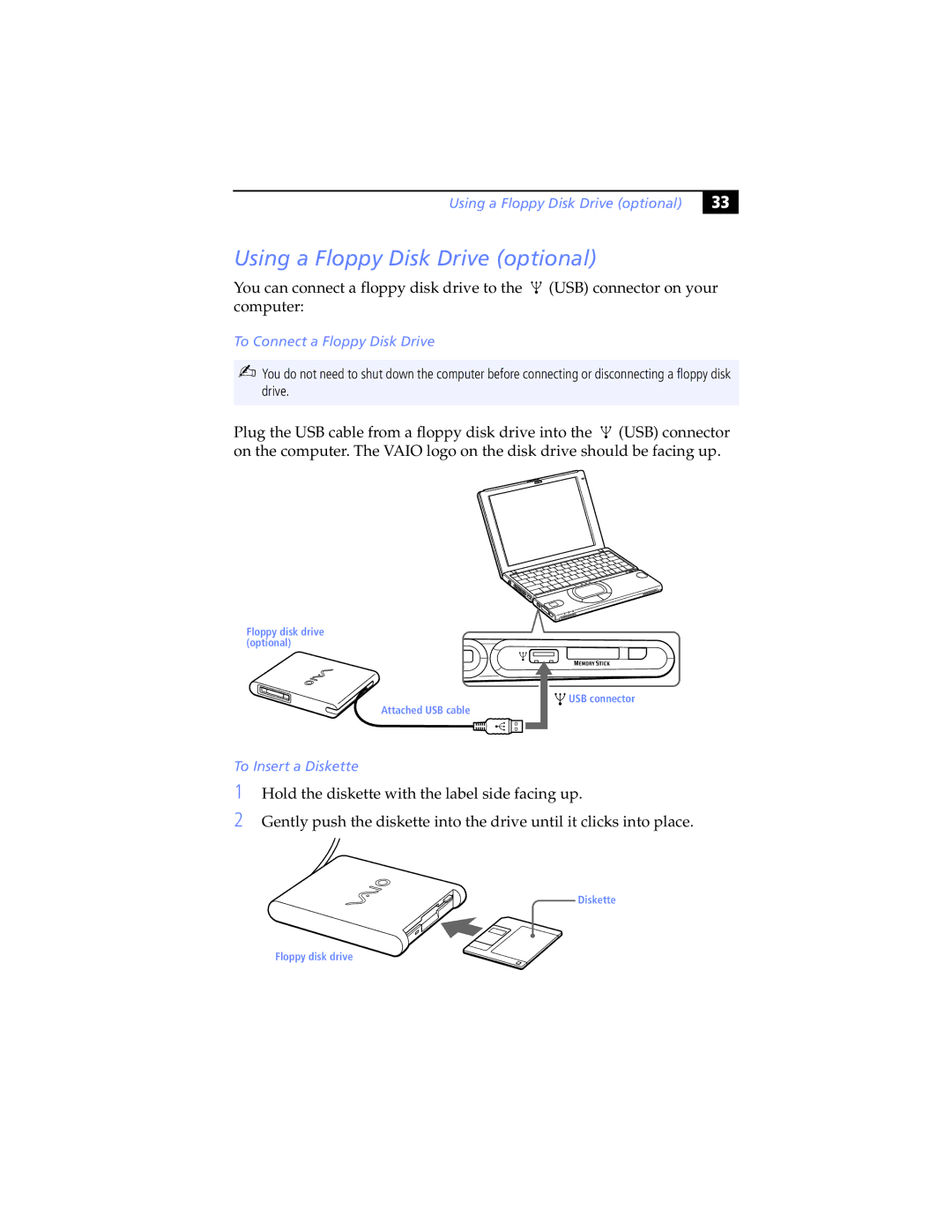 Sony PCG-SR7K, PCG-SR5K manual Using a Floppy Disk Drive optional, To Connect a Floppy Disk Drive, To Insert a Diskette 