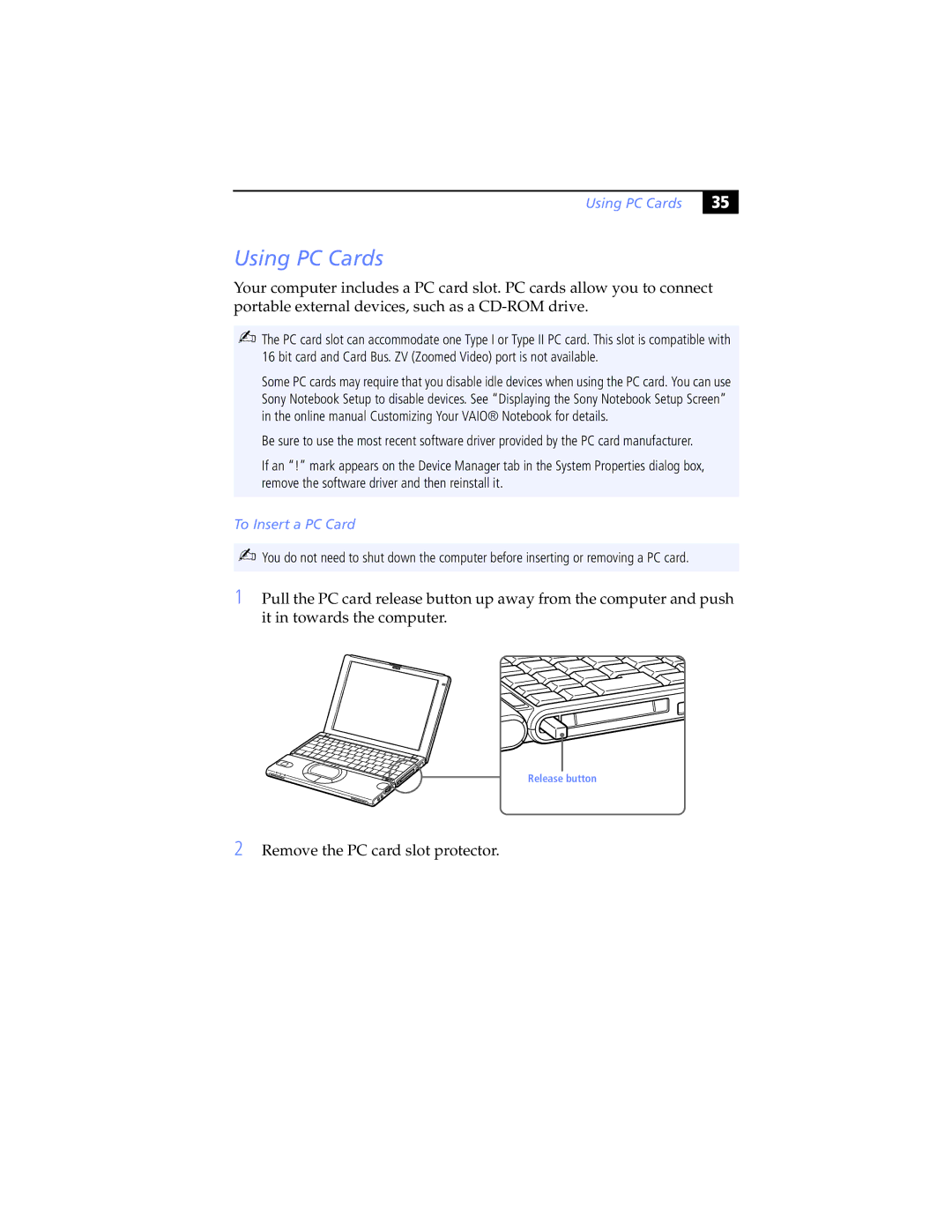 Sony PCG-SR7K, PCG-SR5K manual Using PC Cards, To Insert a PC Card 