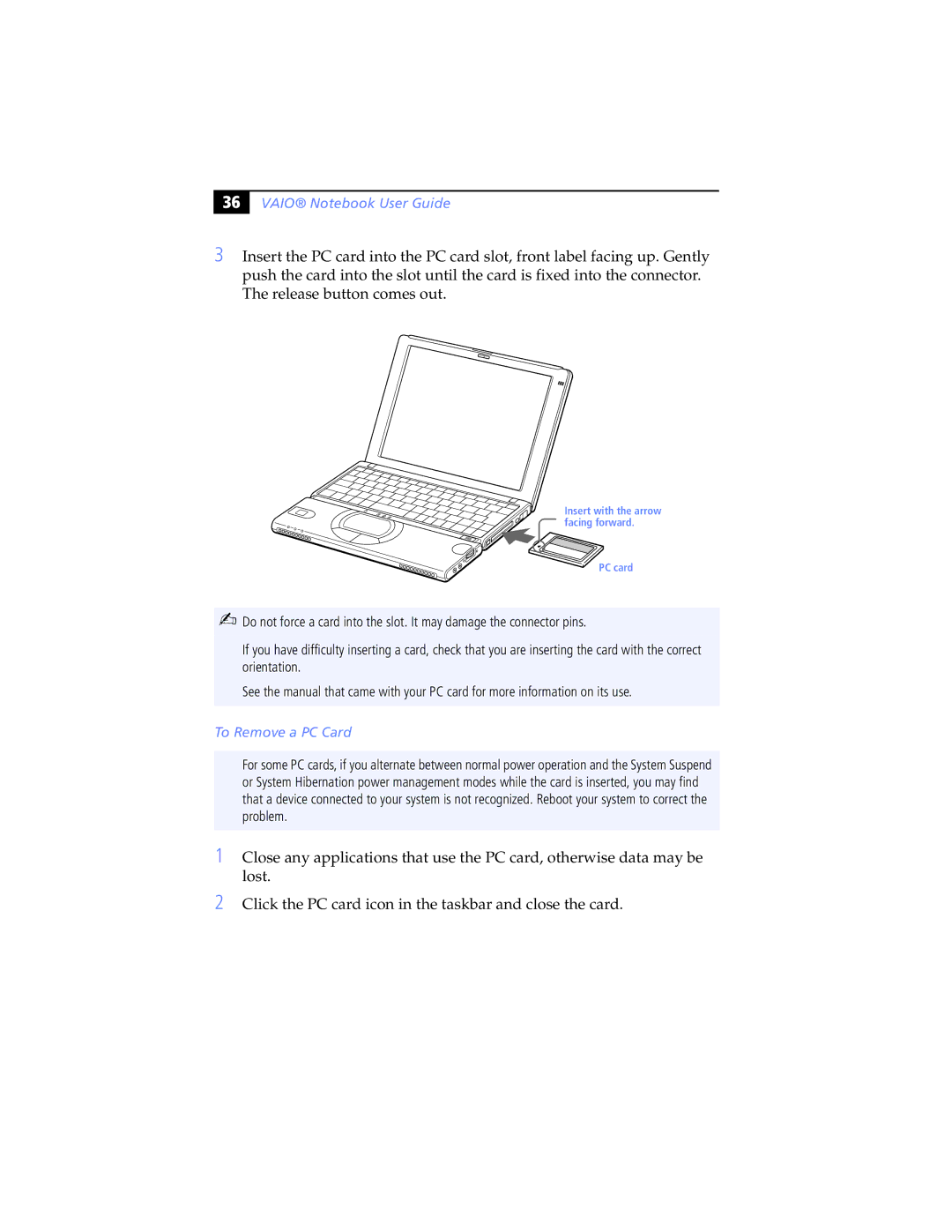 Sony PCG-SR5K, PCG-SR7K manual Vaio Notebook User Guide, To Remove a PC Card 