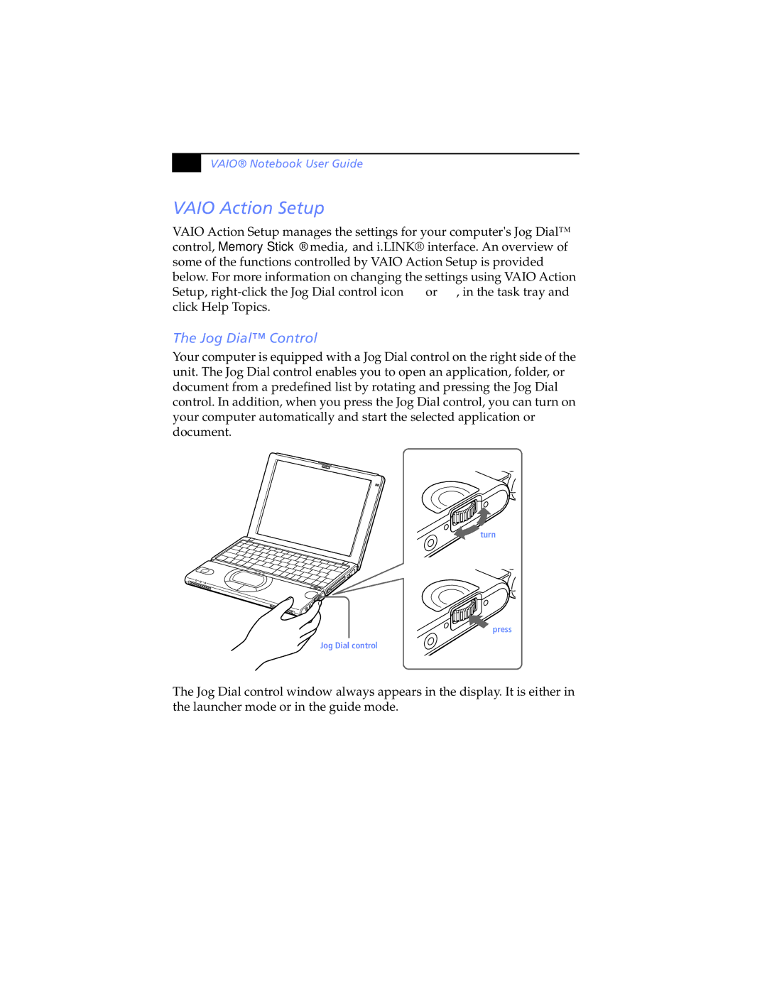 Sony PCG-SR5K, PCG-SR7K manual Vaio Action Setup, Jog Dial Control 