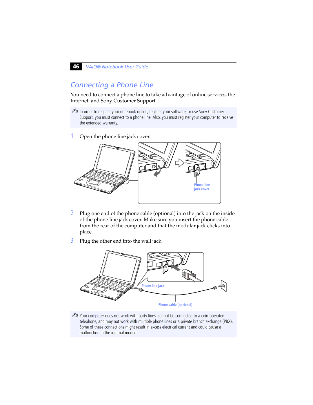 Sony PCG-SR5K, PCG-SR7K manual Connecting a Phone Line 