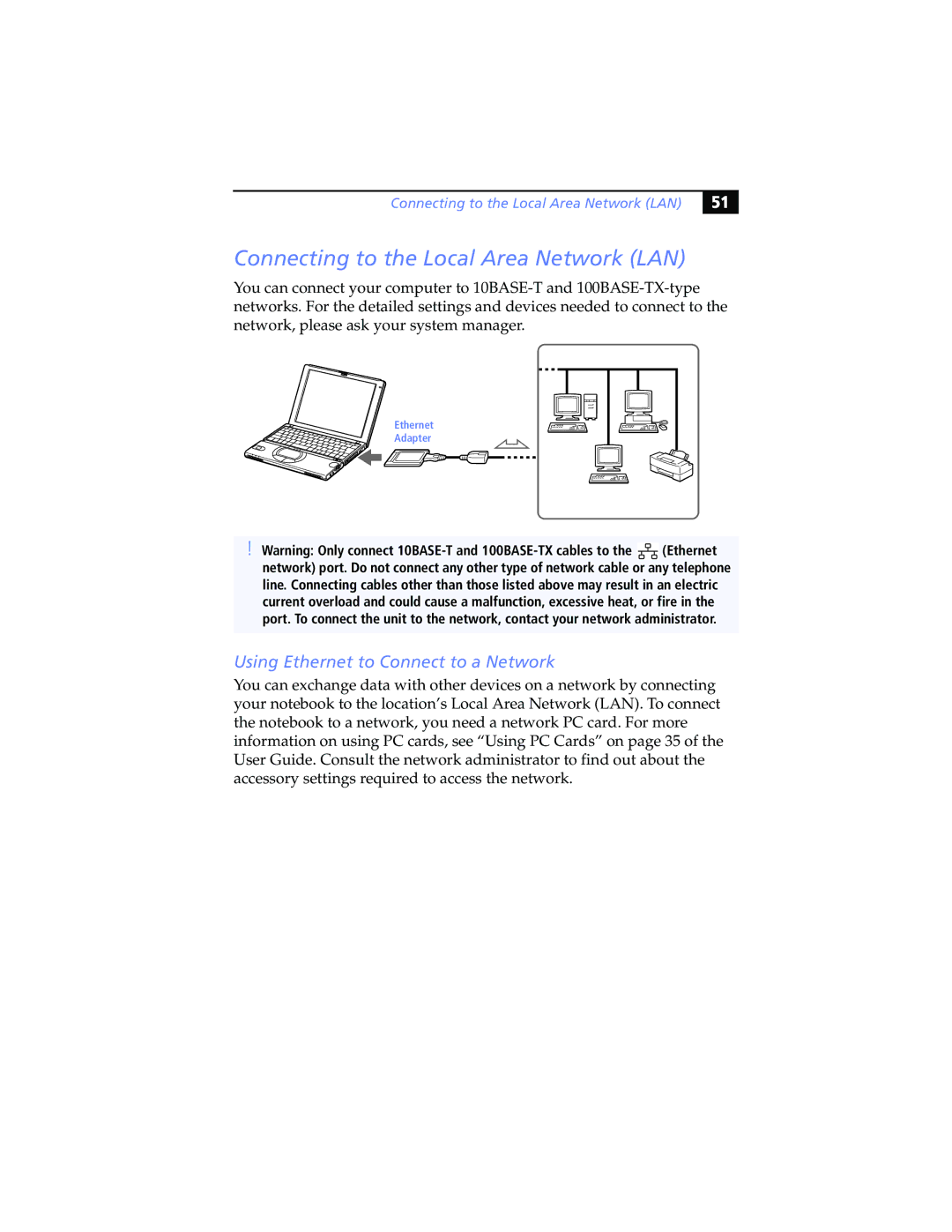 Sony PCG-SR7K, PCG-SR5K manual Connecting to the Local Area Network LAN, Using Ethernet to Connect to a Network 