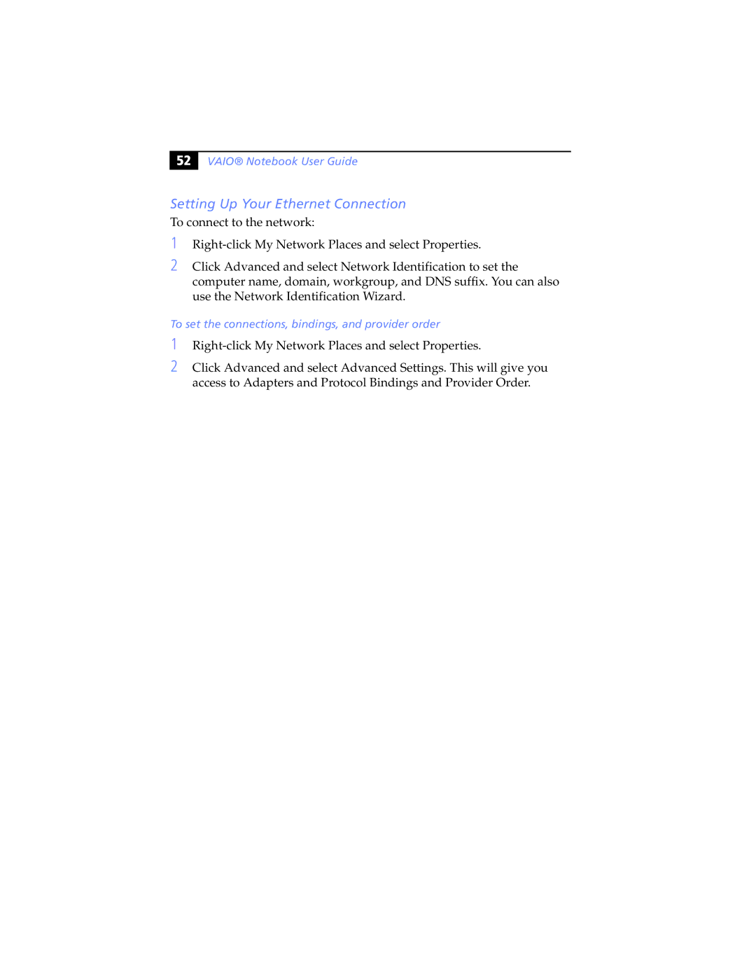 Sony PCG-SR5K, PCG-SR7K manual Setting Up Your Ethernet Connection, To set the connections, bindings, and provider order 