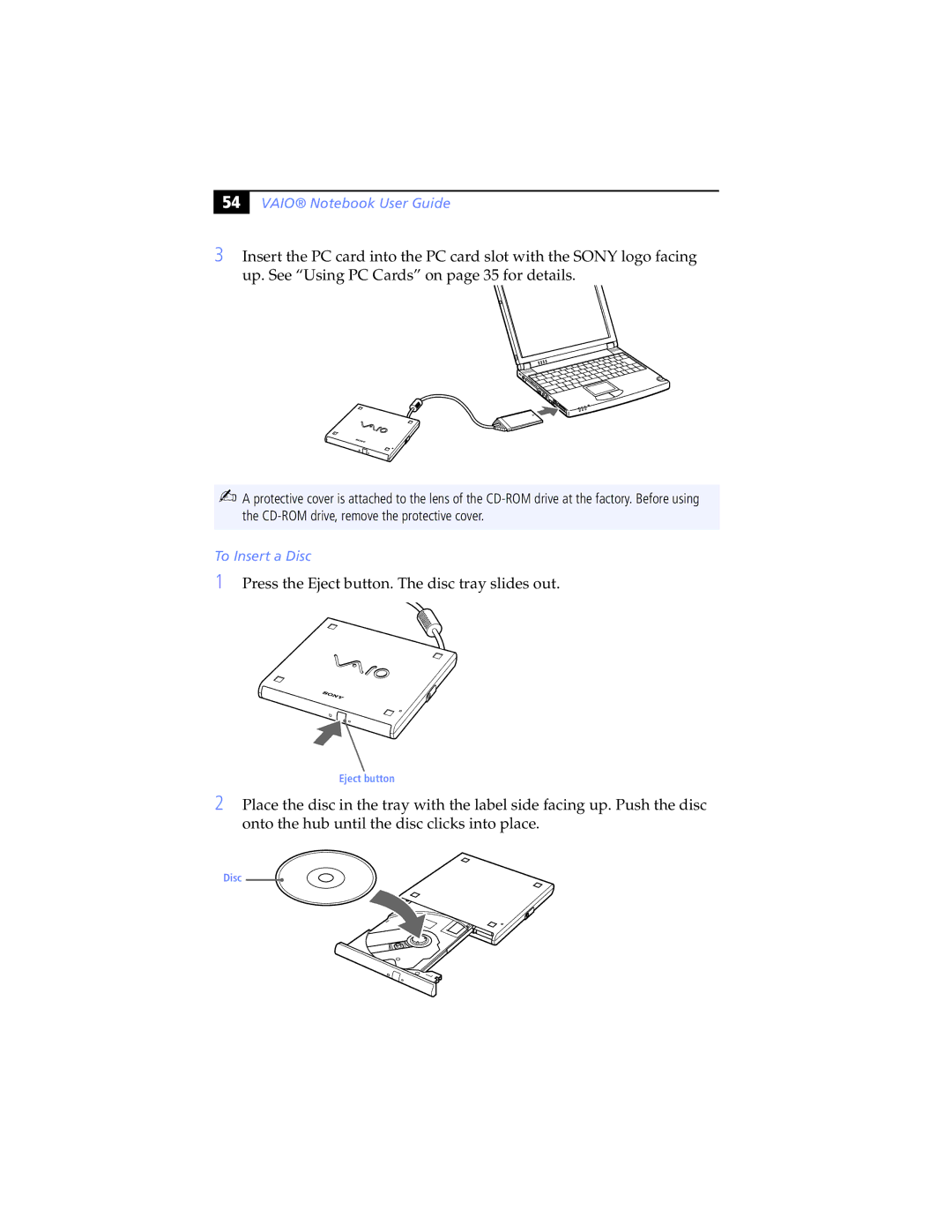 Sony PCG-SR5K, PCG-SR7K manual To Insert a Disc 