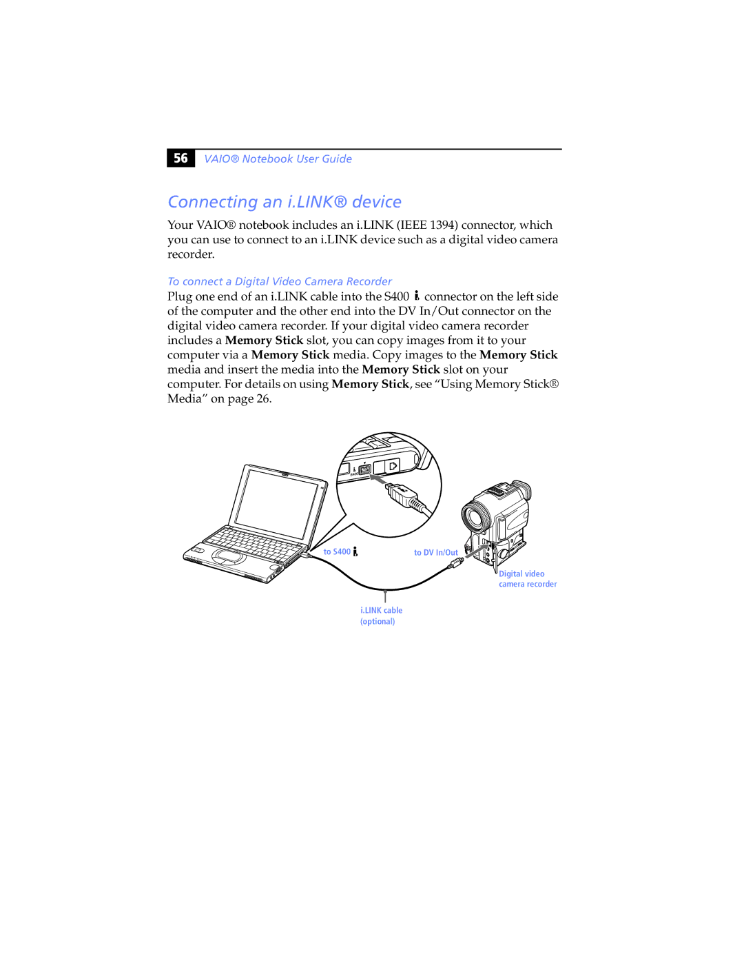 Sony PCG-SR5K, PCG-SR7K manual Connecting an i.LINK device, To connect a Digital Video Camera Recorder 