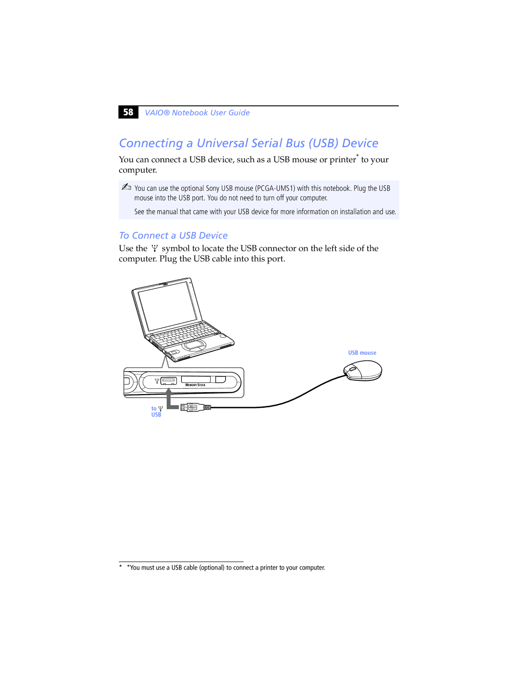 Sony PCG-SR5K, PCG-SR7K manual Connecting a Universal Serial Bus USB Device, To Connect a USB Device 