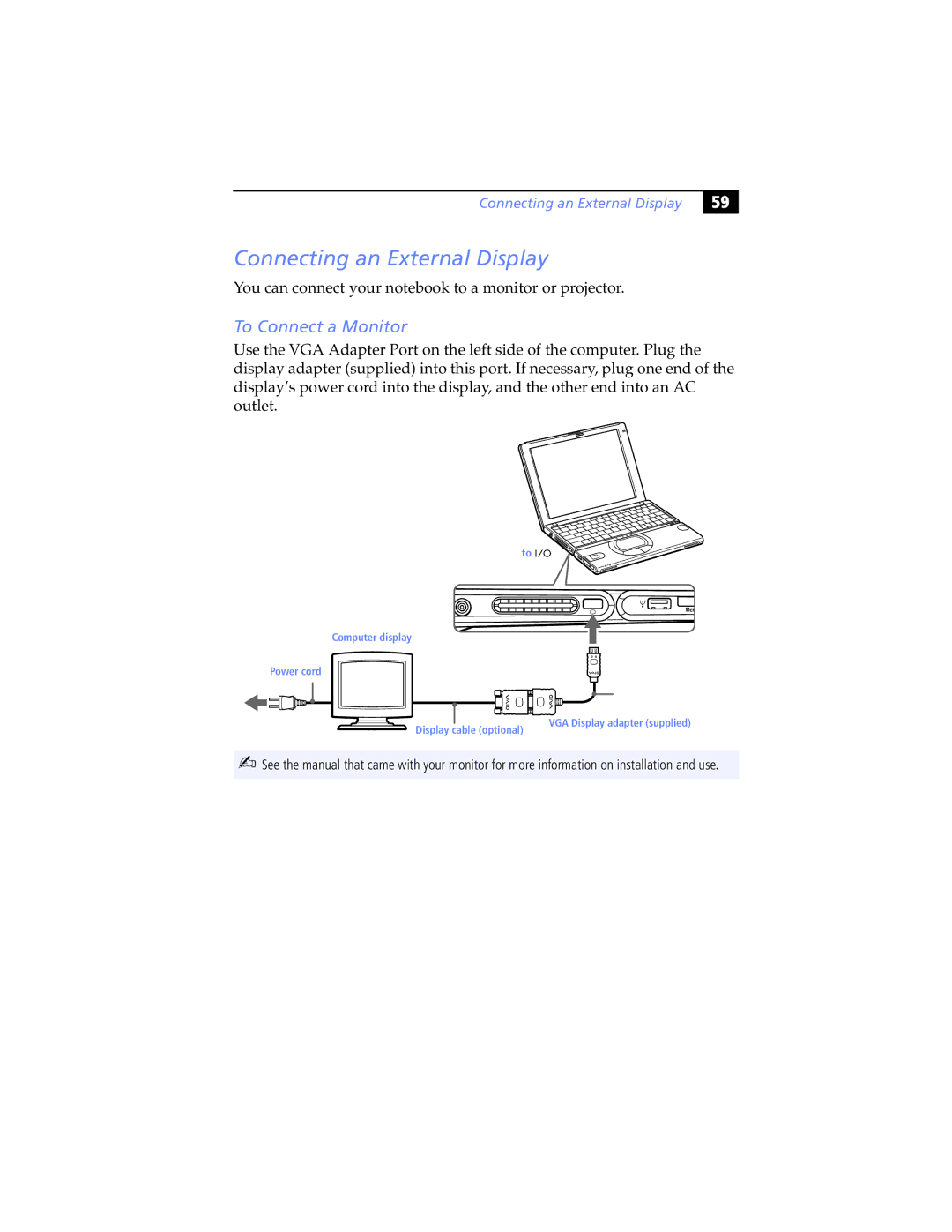 Sony PCG-SR7K, PCG-SR5K manual Connecting an External Display, To Connect a Monitor 