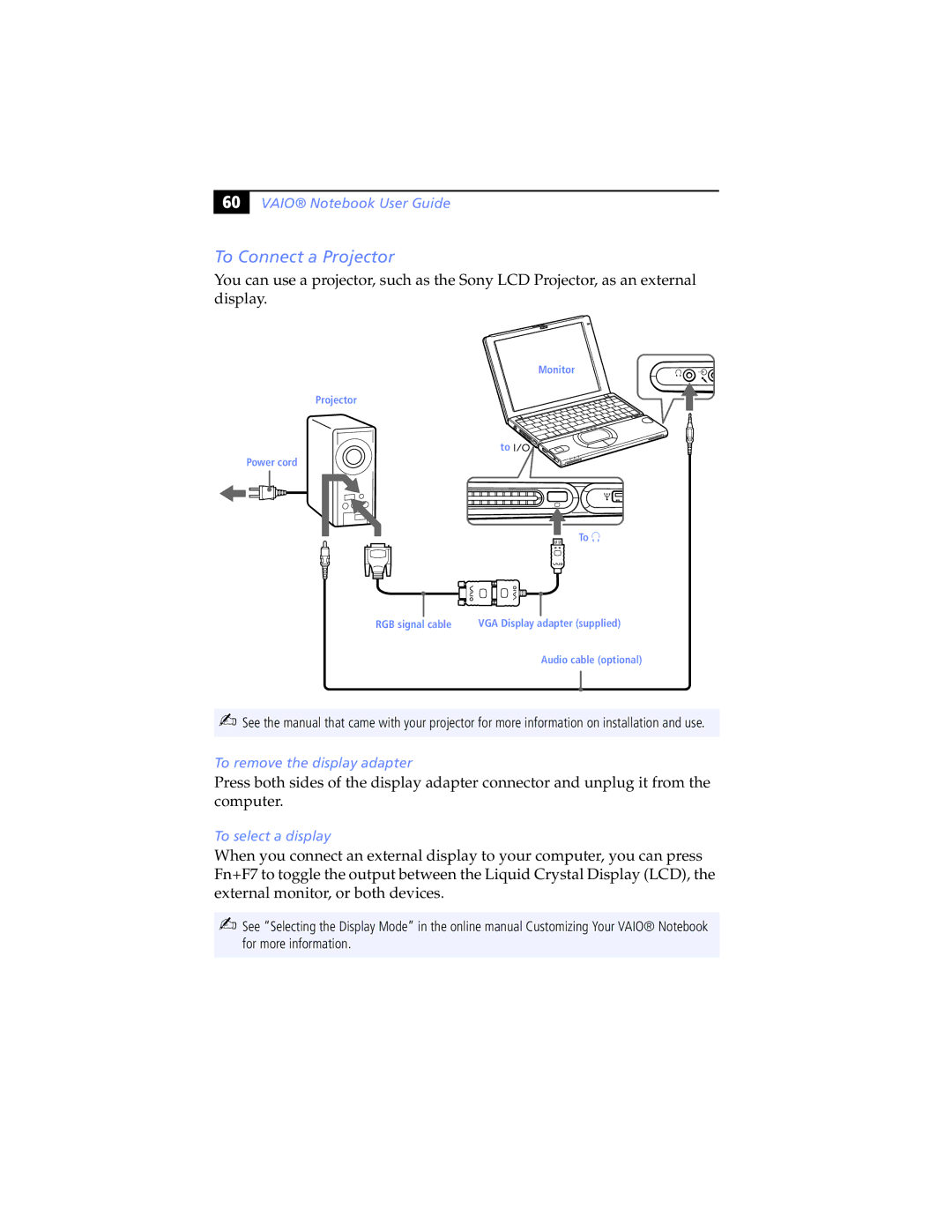 Sony PCG-SR5K, PCG-SR7K manual To Connect a Projector, To remove the display adapter, To select a display 