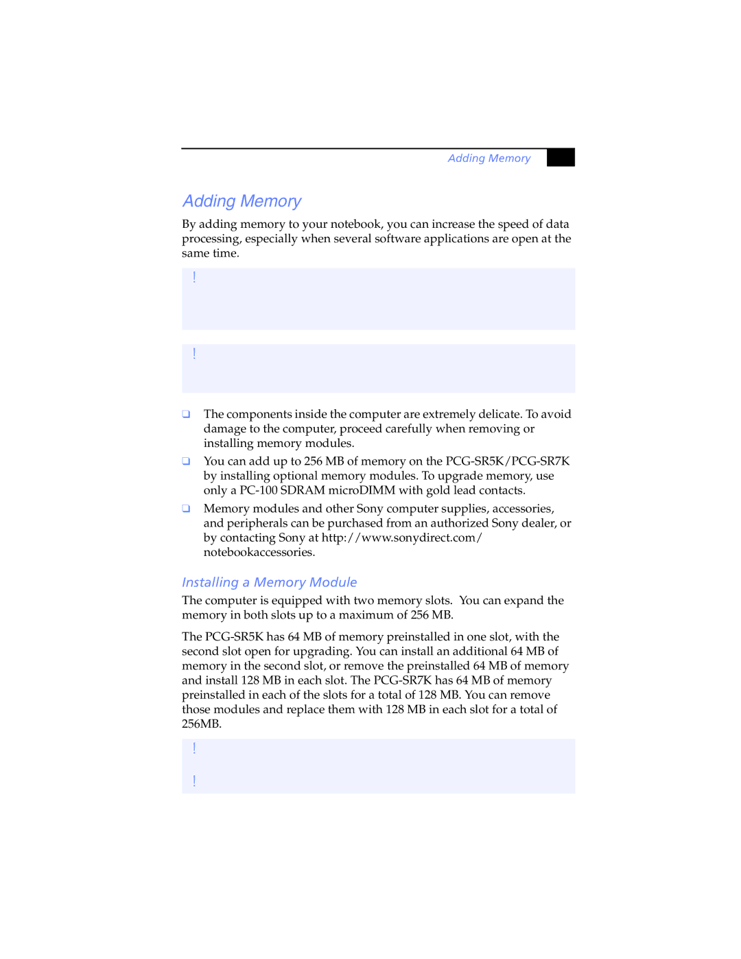 Sony PCG-SR7K, PCG-SR5K manual Installing a Memory Module, Adding Memory 