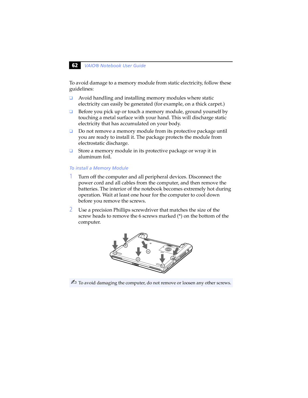 Sony PCG-SR5K, PCG-SR7K manual To install a Memory Module 