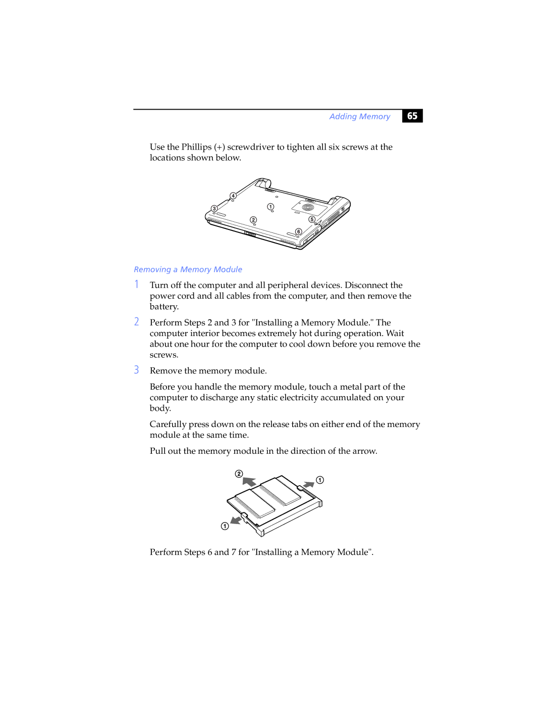 Sony PCG-SR7K, PCG-SR5K manual Removing a Memory Module 