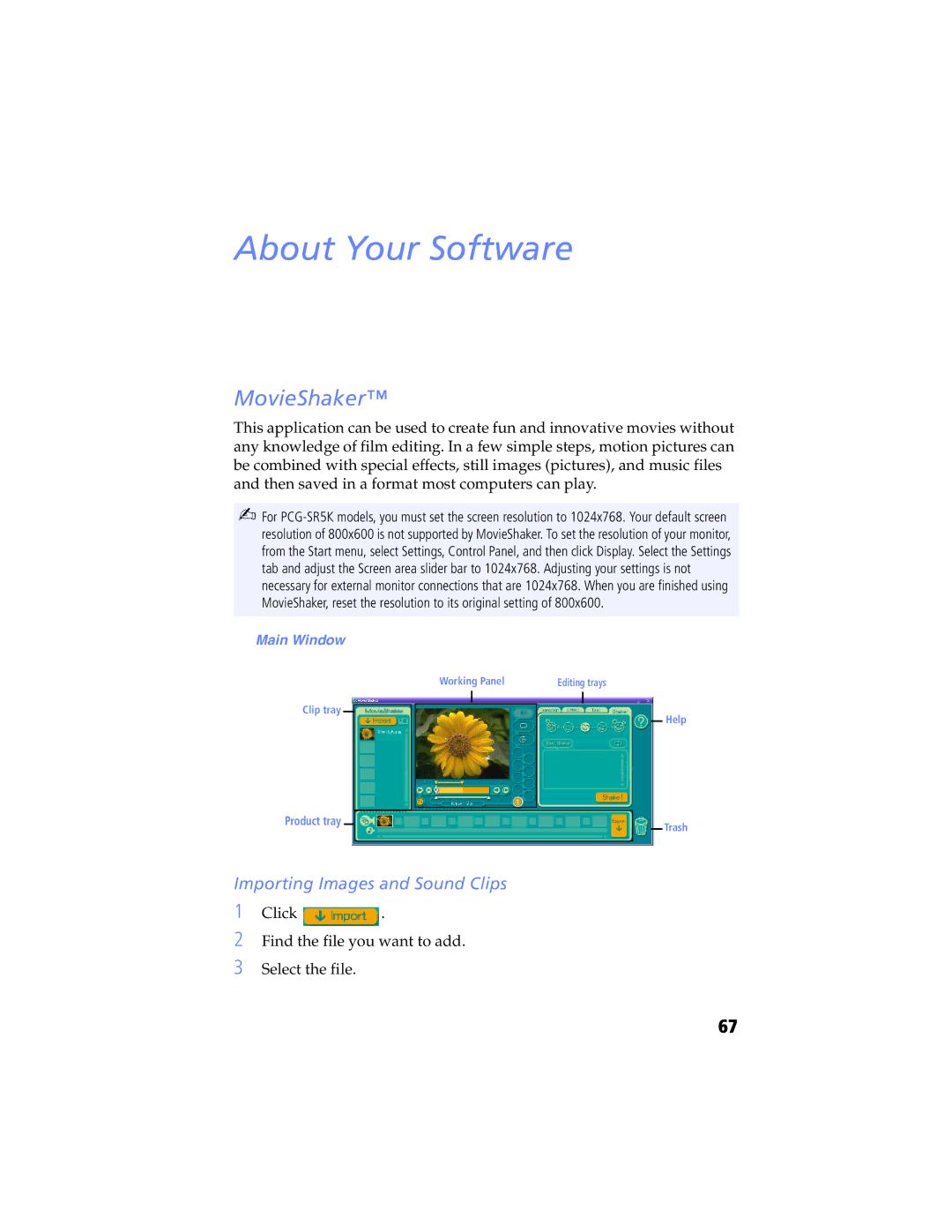 Sony PCG-SR7K, PCG-SR5K manual MovieShaker, Importing Images and Sound Clips 