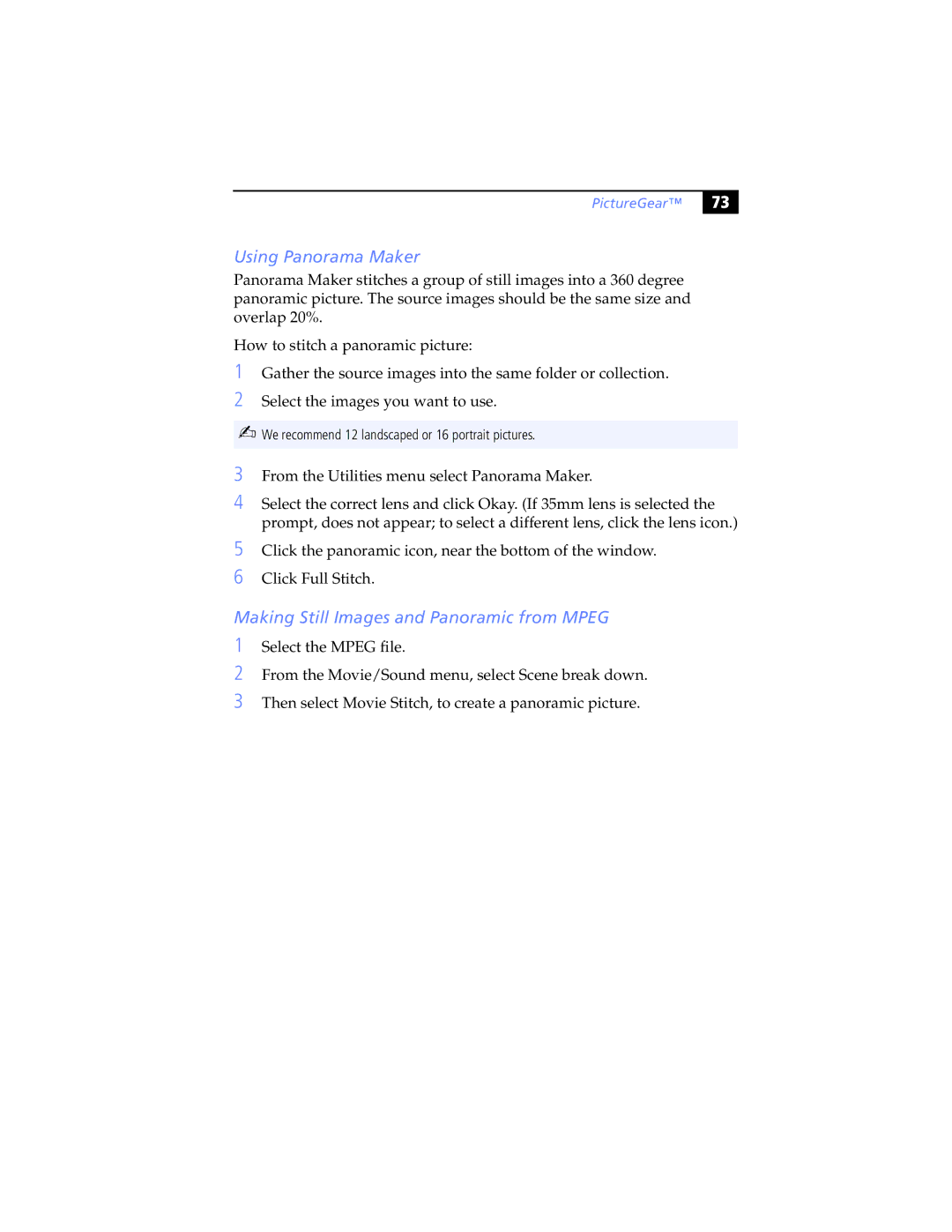 Sony PCG-SR7K, PCG-SR5K manual Using Panorama Maker, Making Still Images and Panoramic from Mpeg, PictureGear 