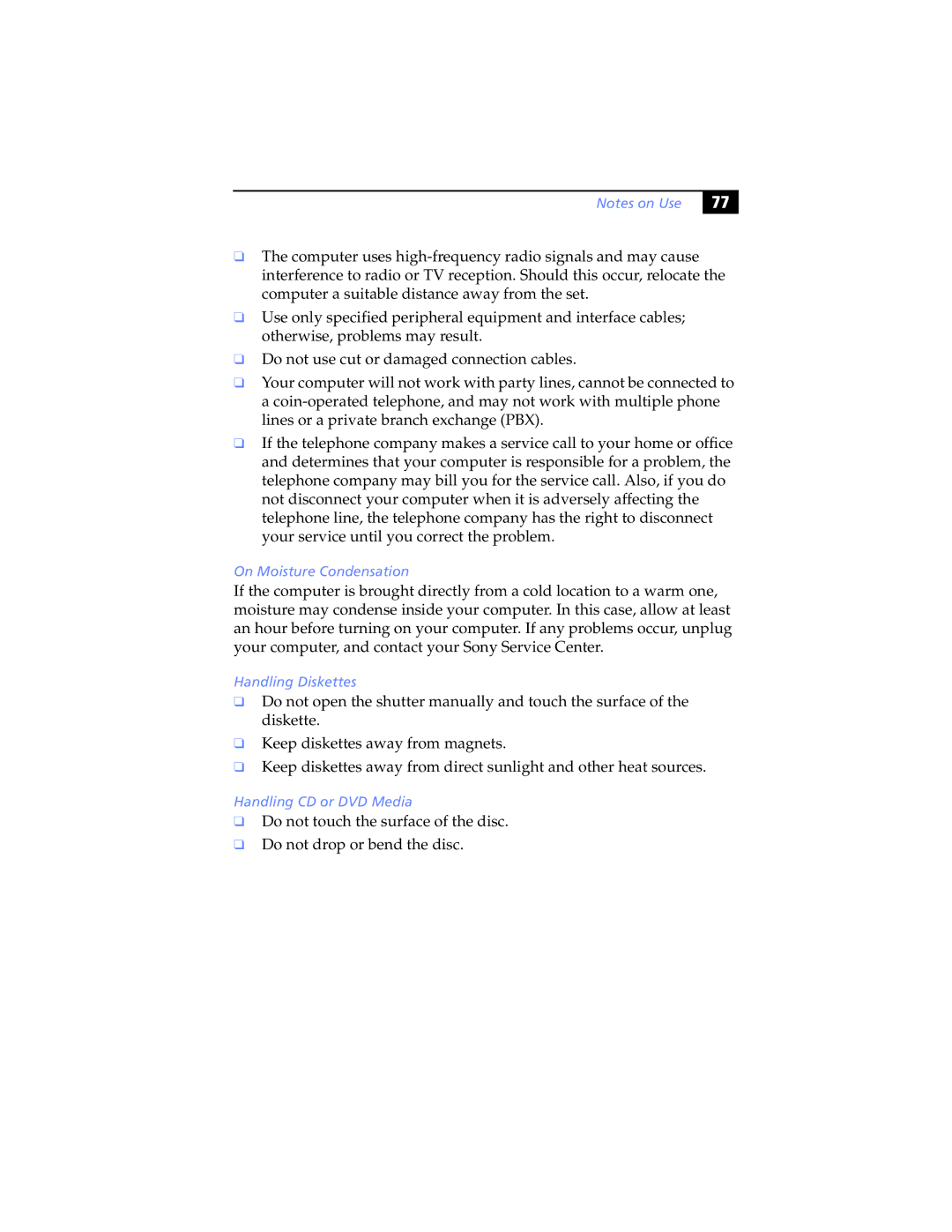 Sony PCG-SR7K, PCG-SR5K manual On Moisture Condensation, Handling Diskettes, Handling CD or DVD Media 