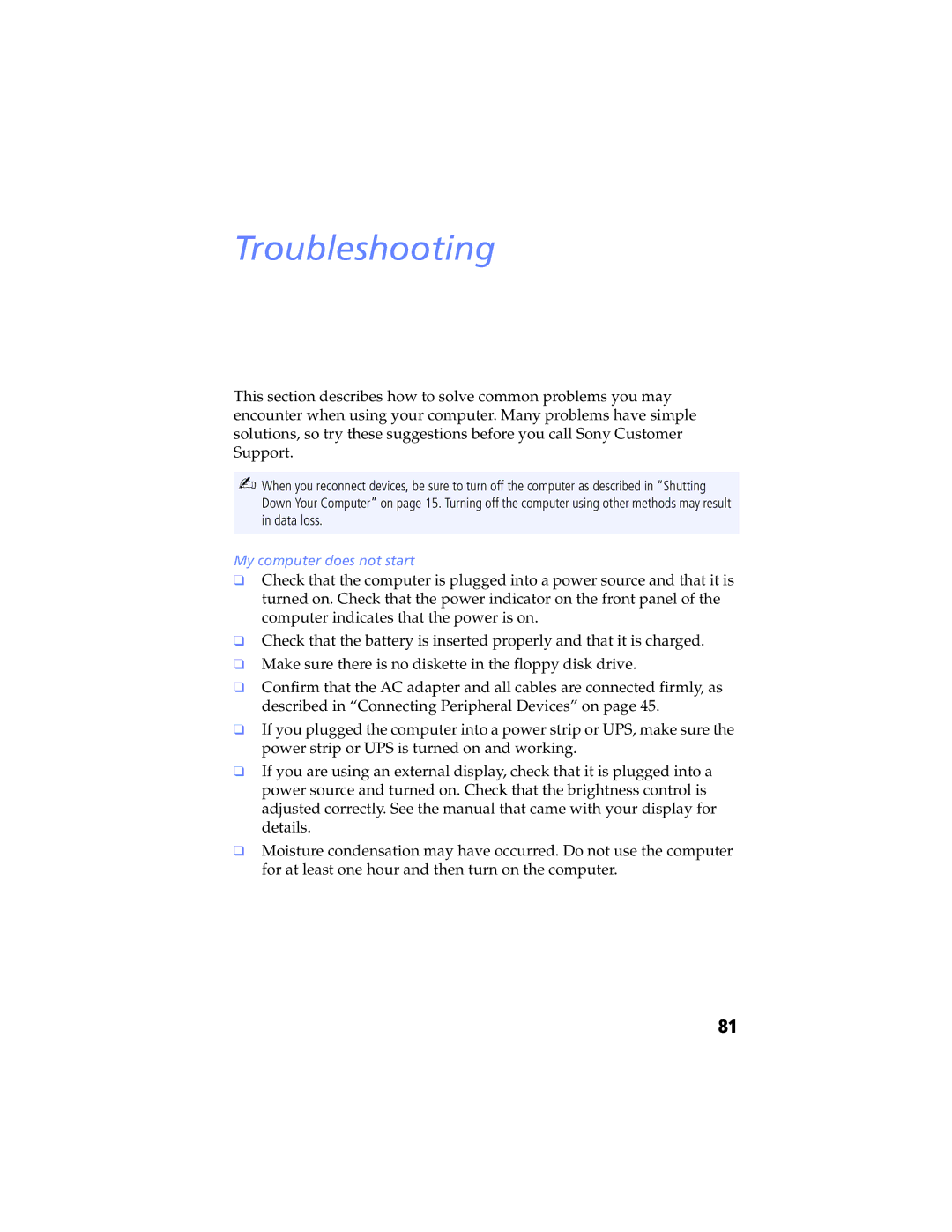 Sony PCG-SR7K, PCG-SR5K manual Troubleshooting, My computer does not start 