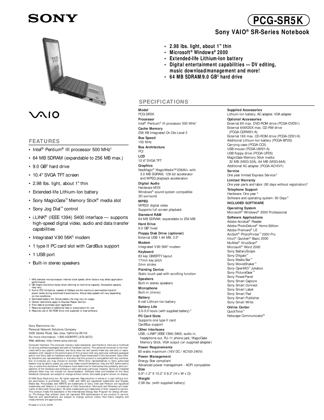 Sony PCG-SR5K specifications Lcd, Mpeg, Included Software 