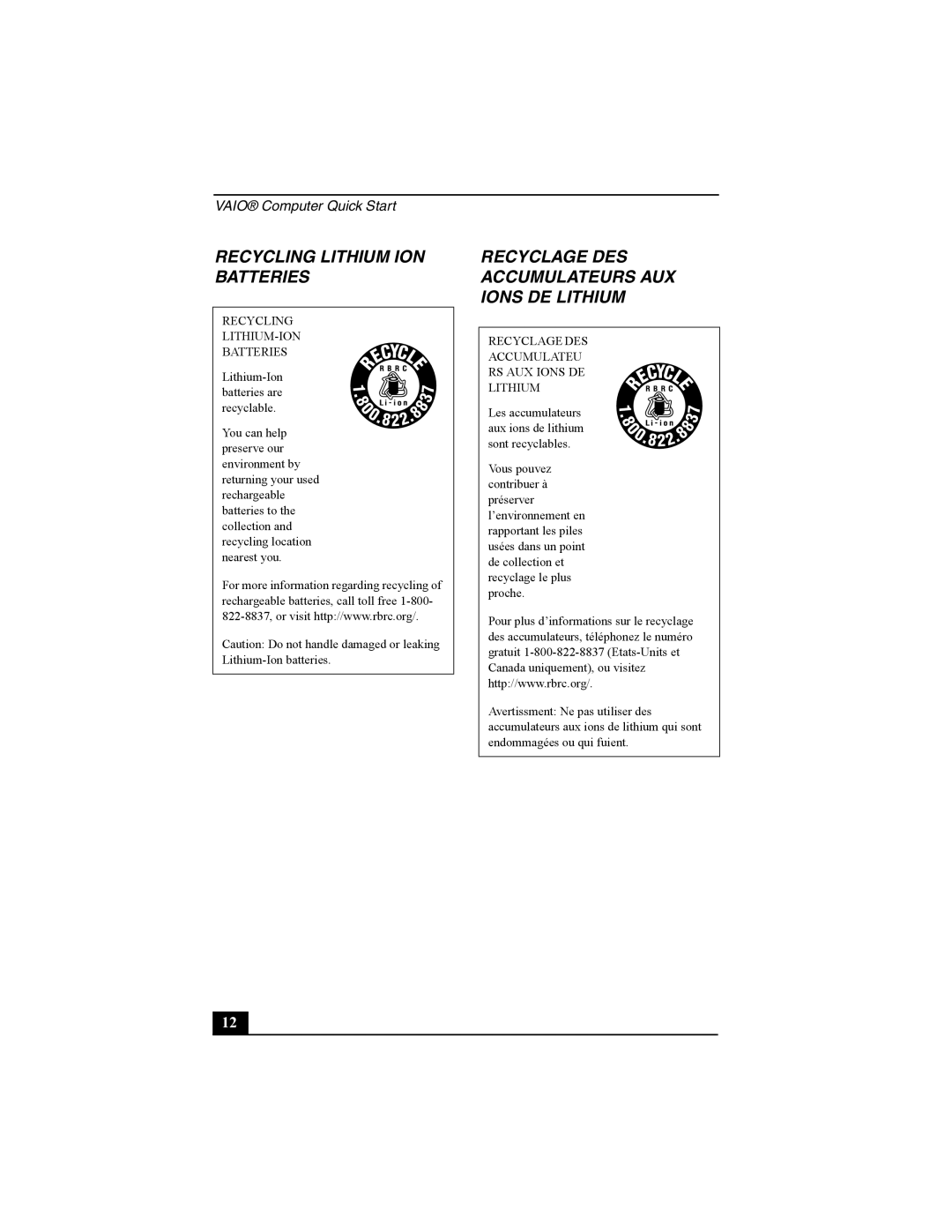 Sony PCG-TR2 quick start Recycling Lithium ION Batteries 