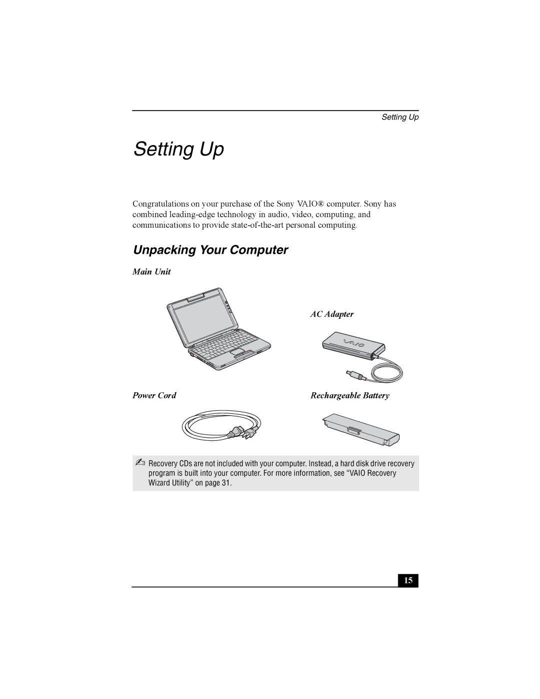 Sony PCG-TR2 quick start Unpacking Your Computer, Main Unit AC Adapter Power Cord 