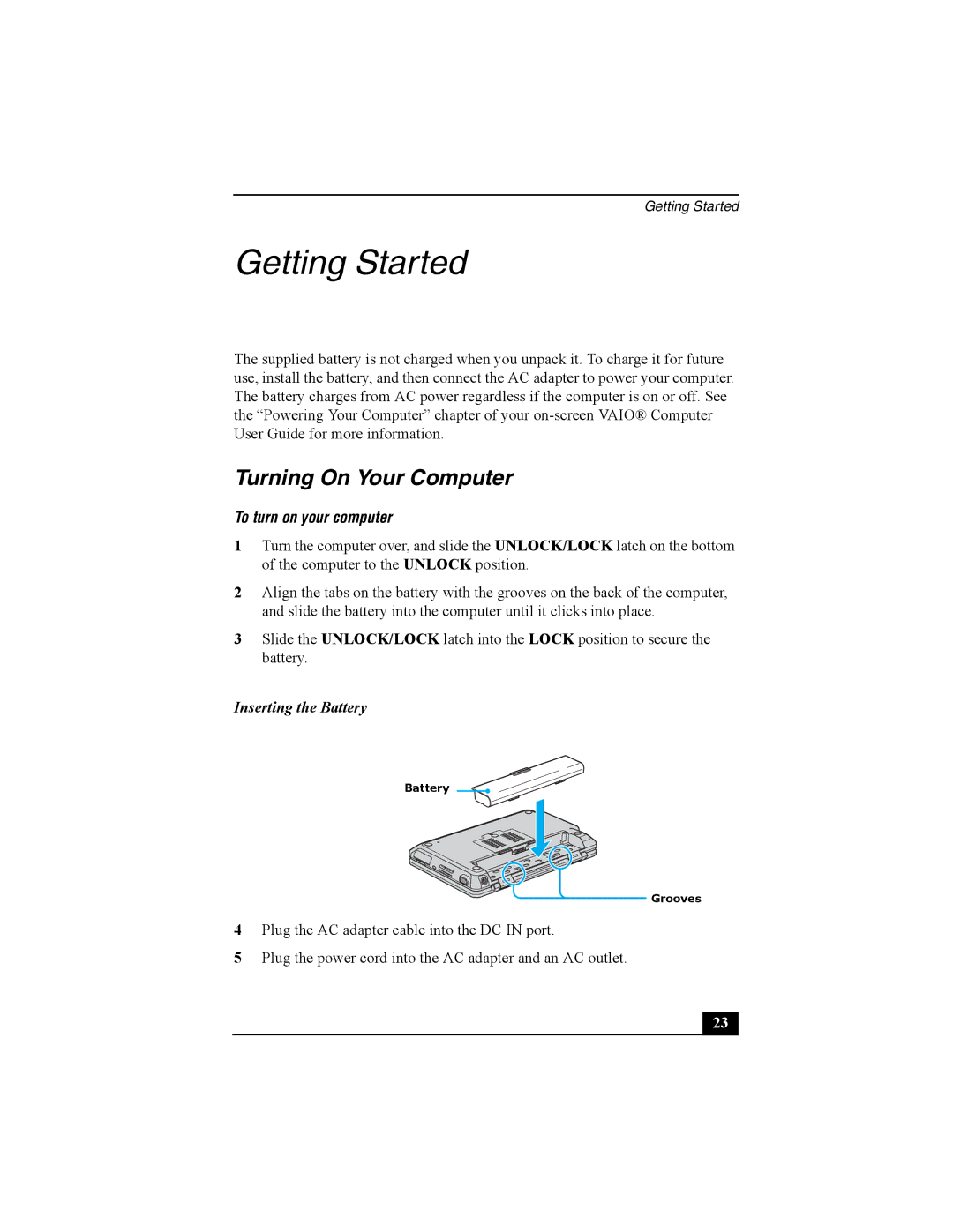 Sony PCG-TR2 quick start Turning On Your Computer, To turn on your computer, Inserting the Battery 