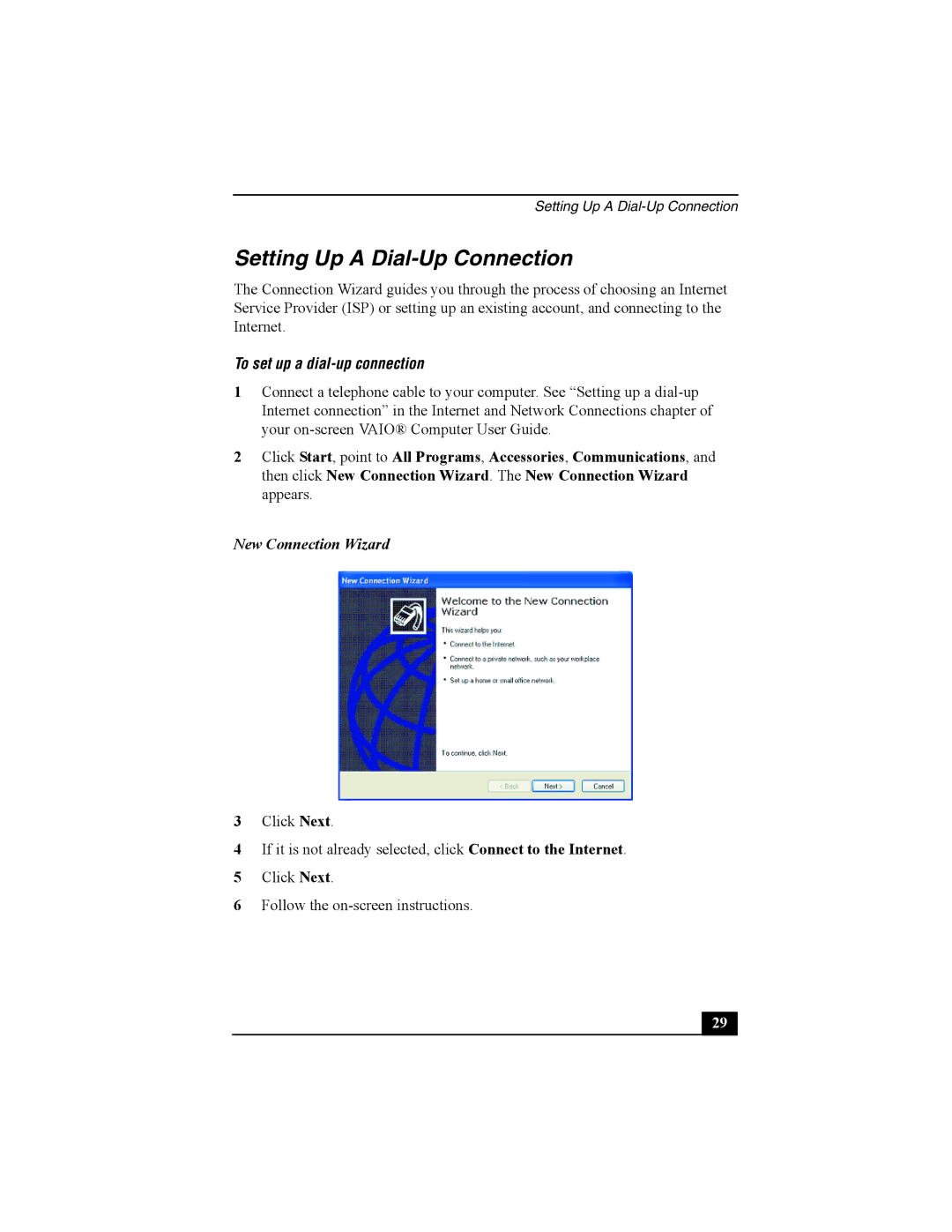 Sony PCG-TR2 quick start Setting Up a Dial-Up Connection, To set up a dial-up connection, New Connection Wizard 