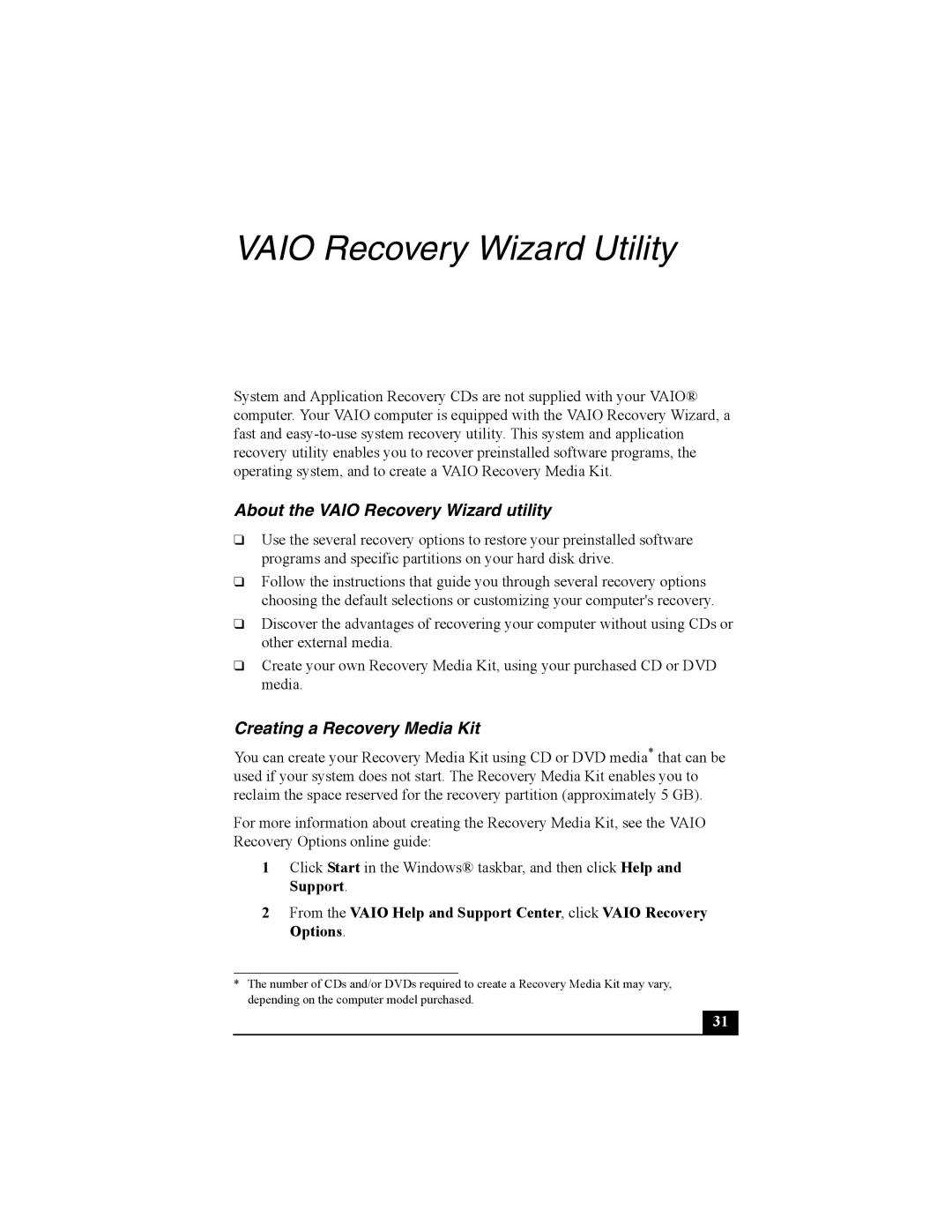 Sony PCG-TR2 quick start About the Vaio Recovery Wizard utility, Creating a Recovery Media Kit 