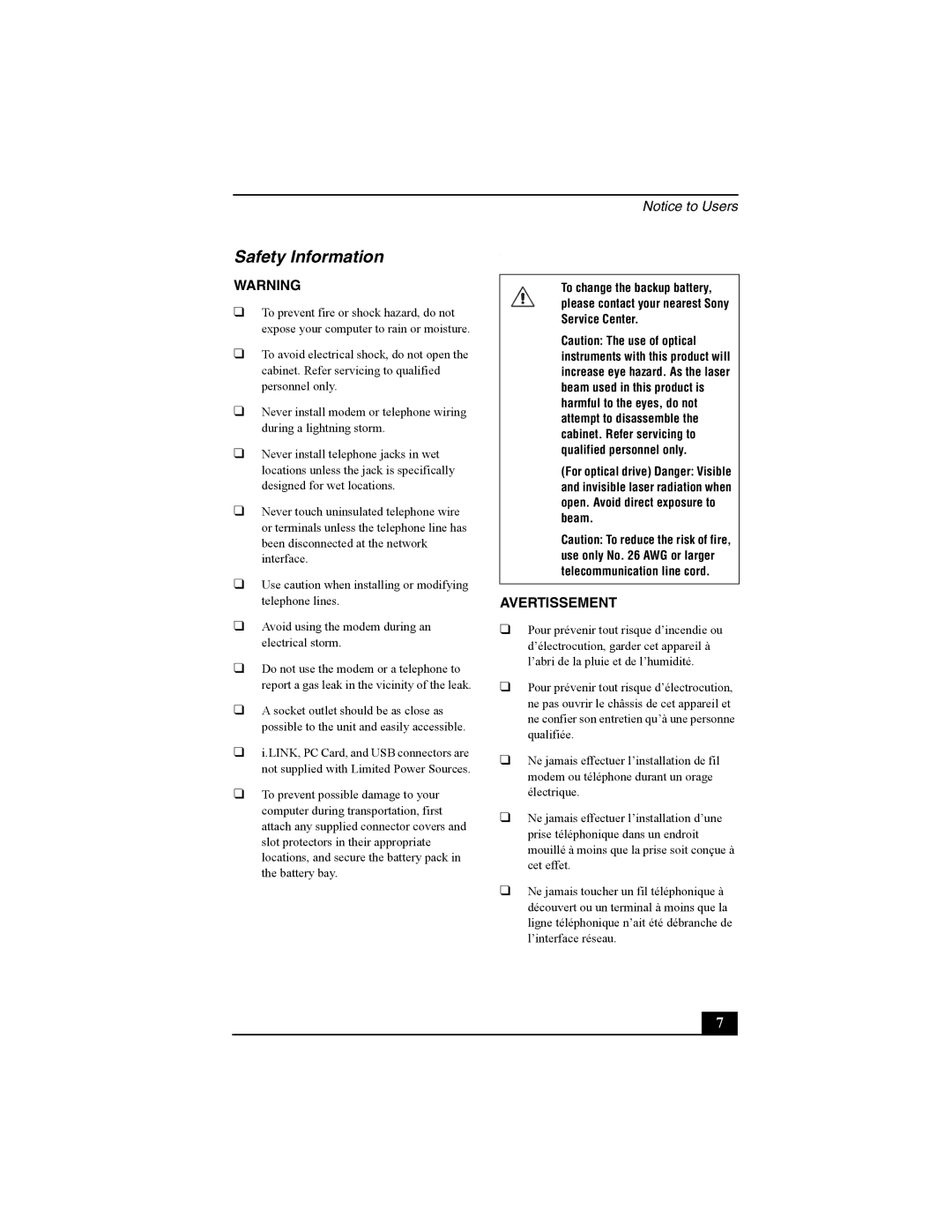 Sony PCG-TR2 quick start Safety Information, Avertissement 