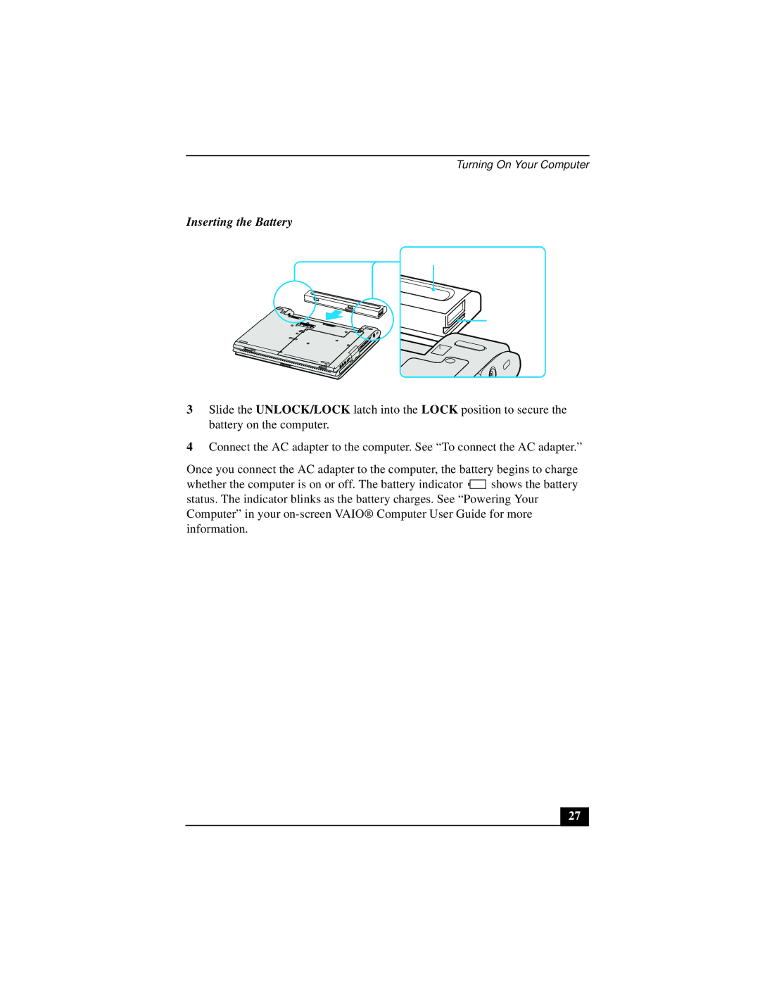 Sony PCG-V505 quick start Inserting the Battery 