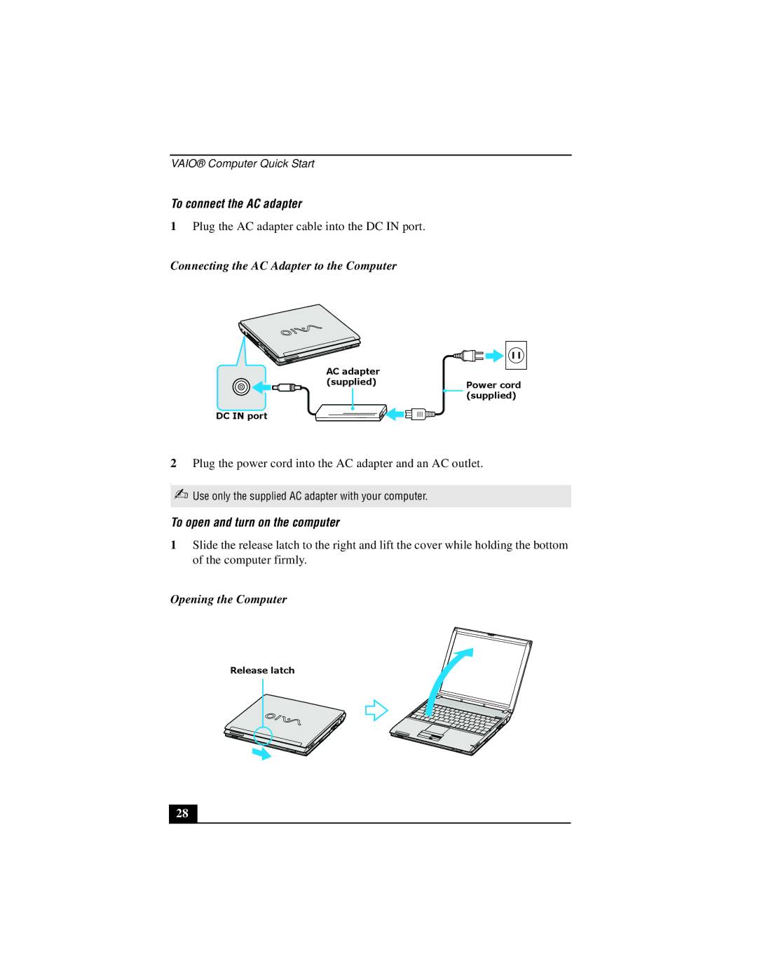 Sony PCG-V505 To connect the AC adapter, Connecting the AC Adapter to the Computer, To open and turn on the computer 