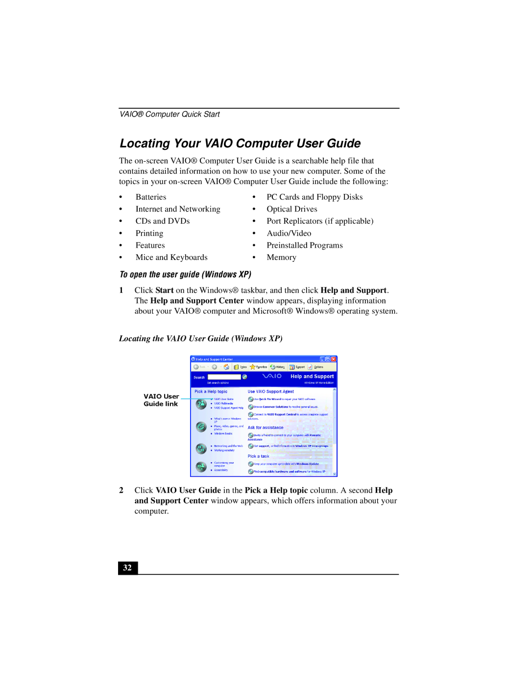 Sony PCG-V505 quick start Locating Your Vaio Computer User Guide, To open the user guide Windows XP 