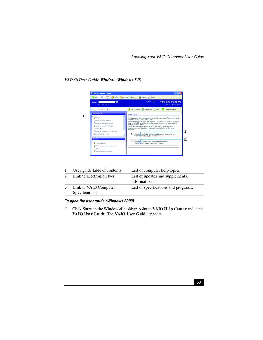 Sony PCG-V505 quick start Vaio User Guide Window Windows XP, To open the user guide Windows 