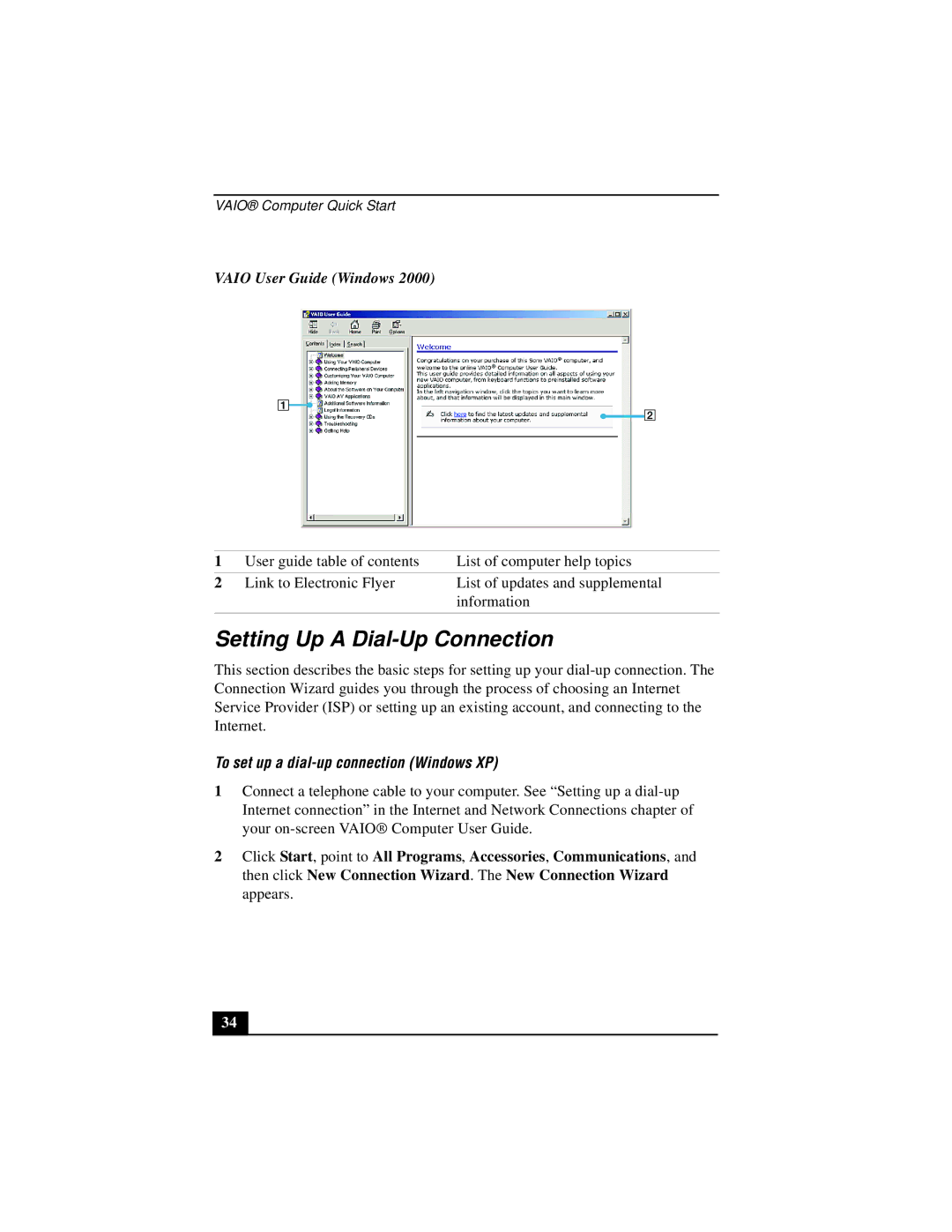 Sony PCG-V505 Setting Up a Dial-Up Connection, Vaio User Guide Windows, To set up a dial-up connection Windows XP 