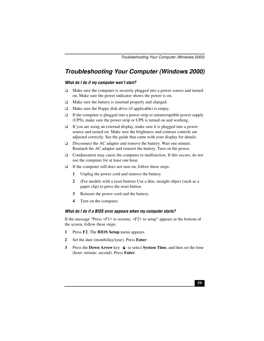 Sony PCG-V505 quick start Troubleshooting Your Computer Windows, What do I do if my computer won’t start? 