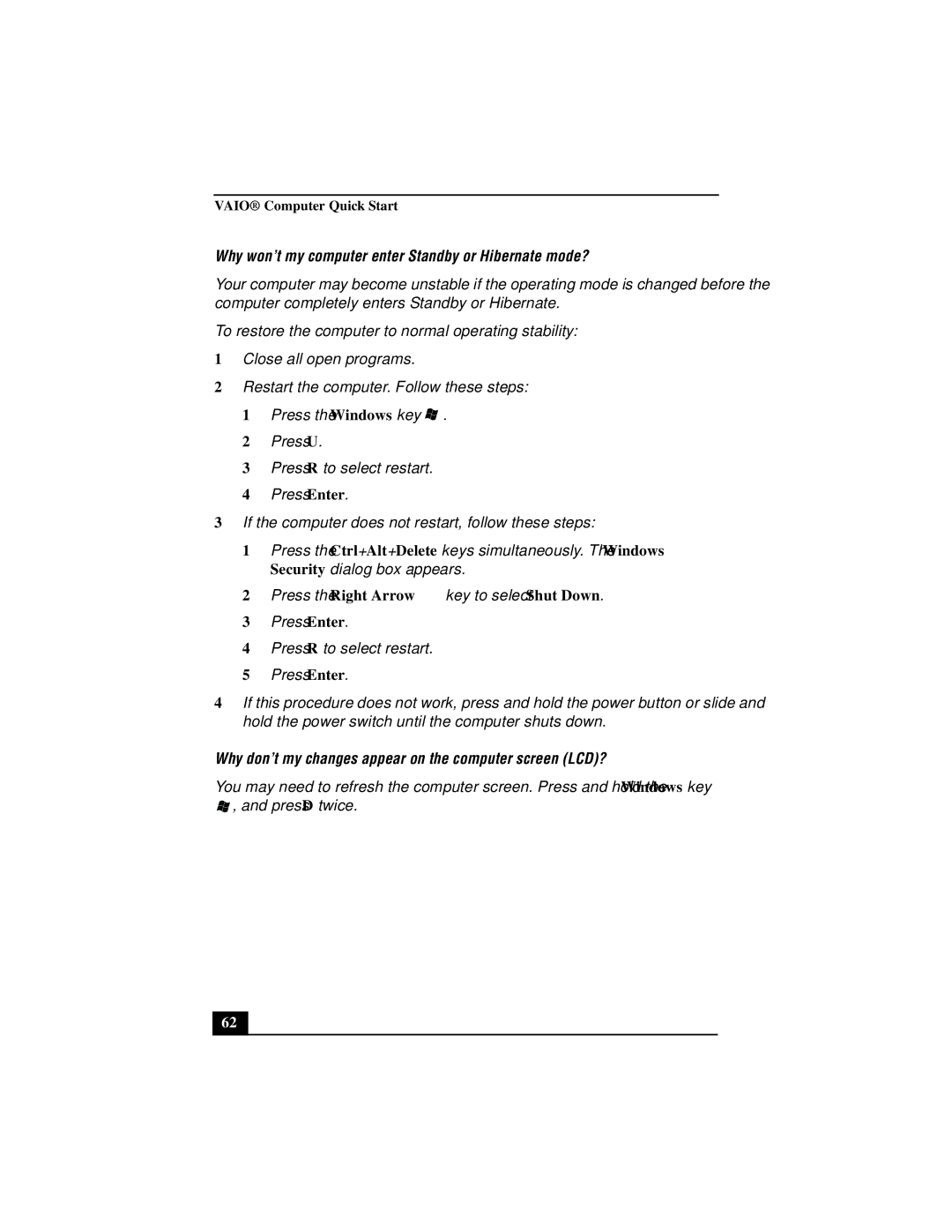 Sony PCG-V505 quick start Why won’t my computer enter Standby or Hibernate mode? 