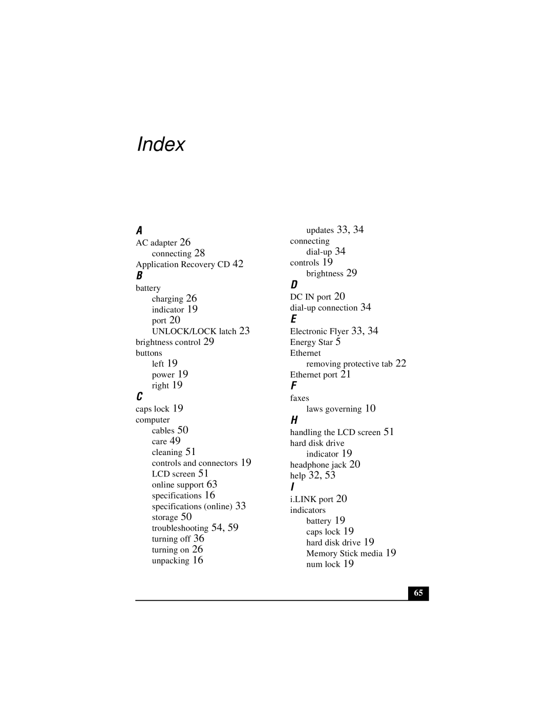 Sony PCG-V505 quick start Index, Help 32 