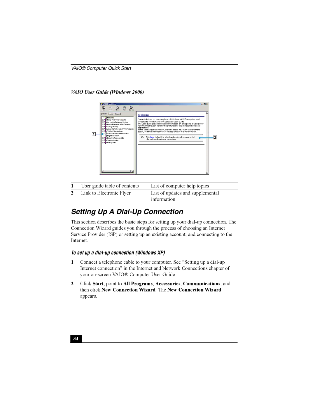 Sony PCG-V505B Setting Up a Dial-Up Connection, Vaio User Guide Windows, To set up a dial-up connection Windows XP 