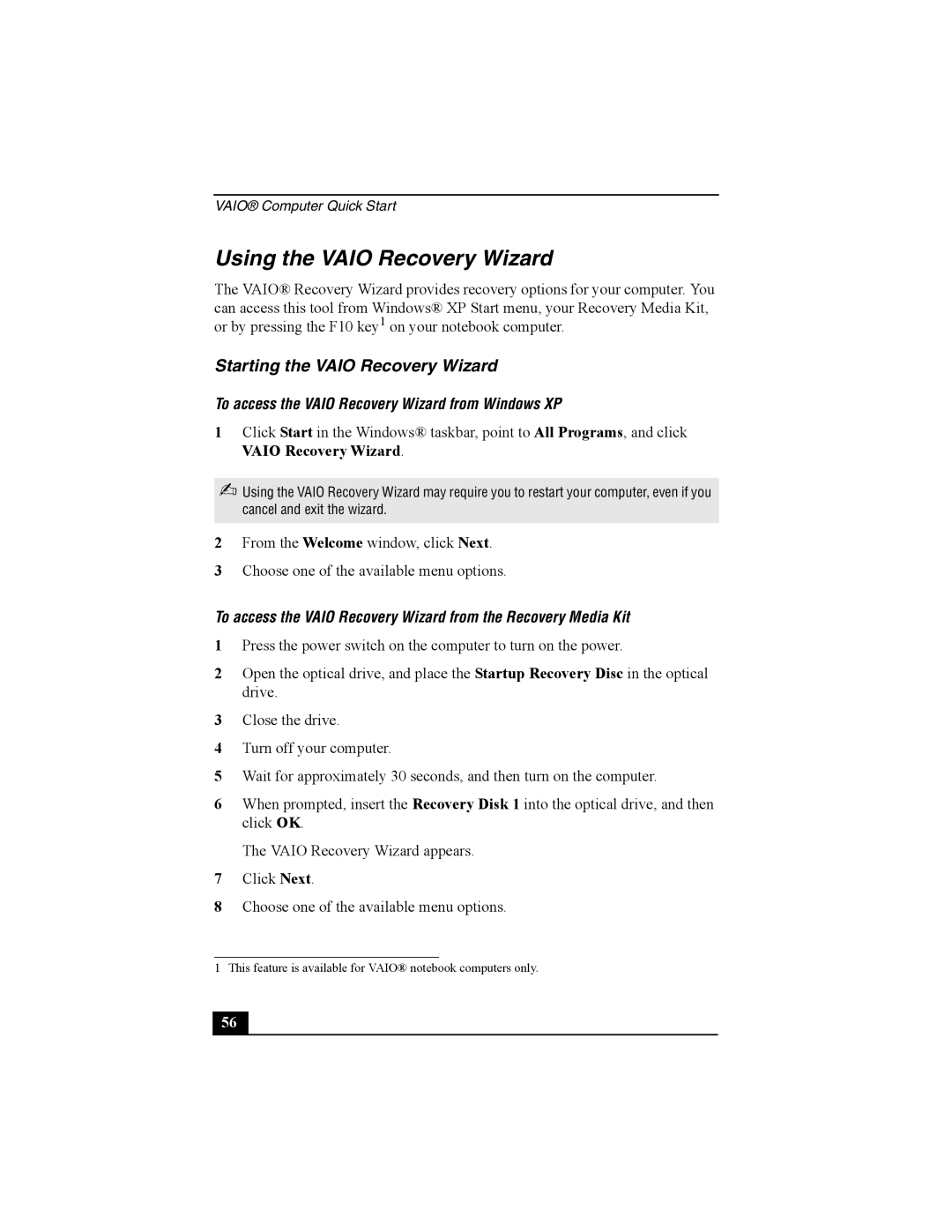 Sony PCG-V505B quick start Using the Vaio Recovery Wizard, Starting the Vaio Recovery Wizard 