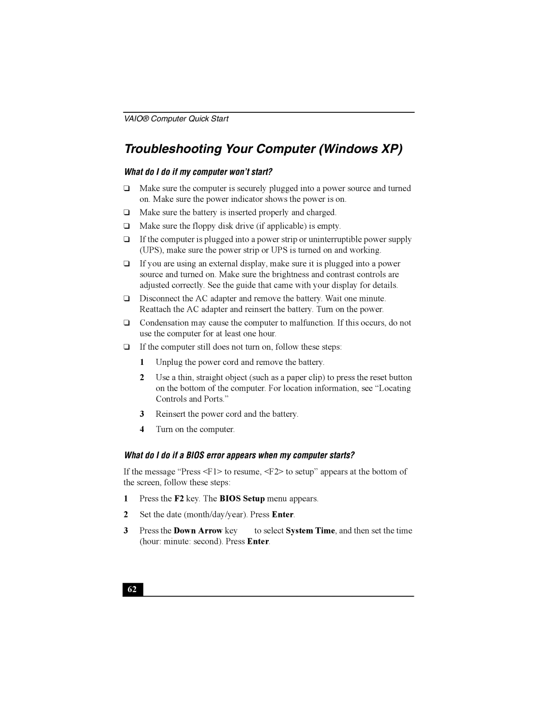 Sony PCG-V505B quick start Troubleshooting Your Computer Windows XP, What do I do if my computer won’t start? 