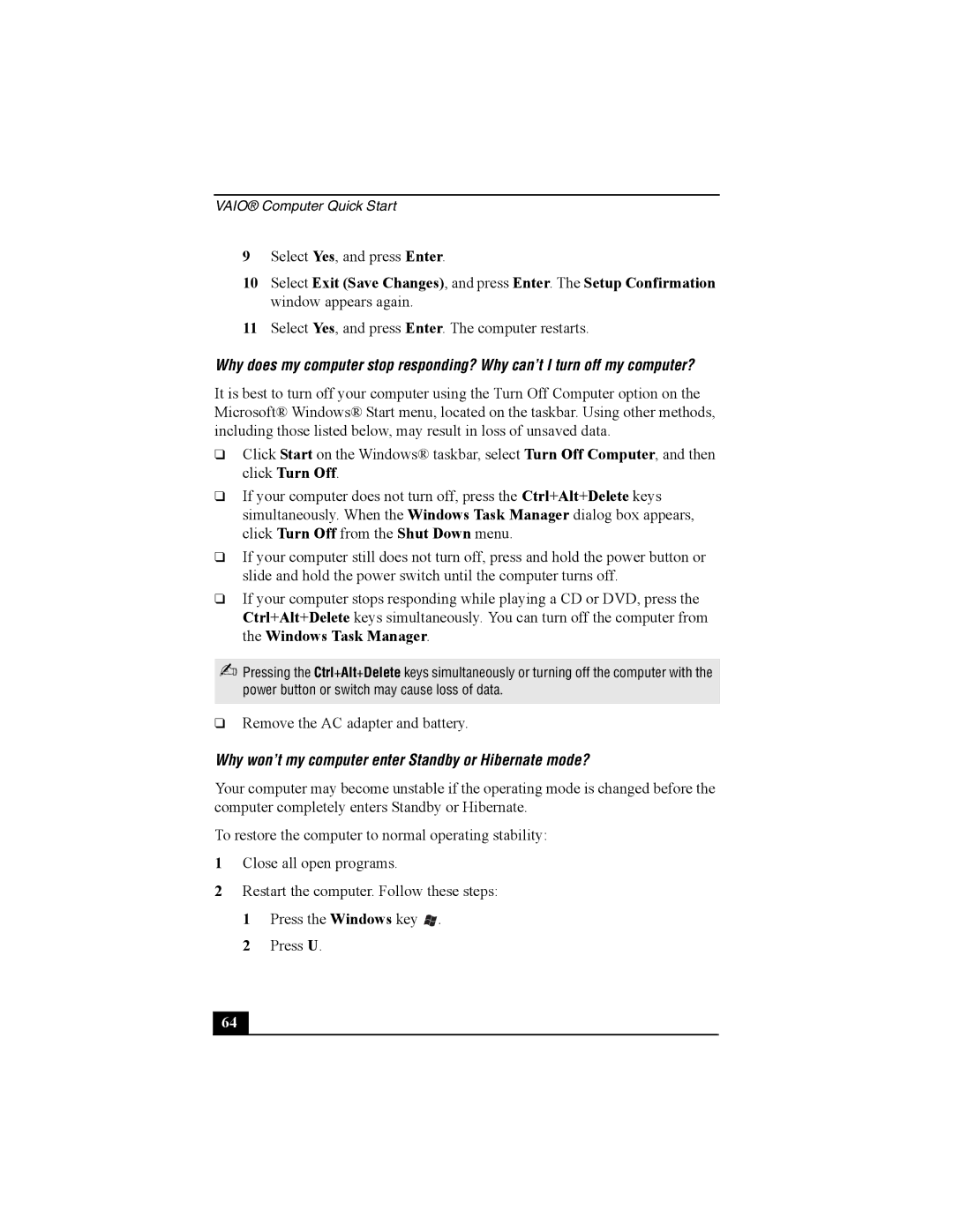 Sony PCG-V505B quick start Why won’t my computer enter Standby or Hibernate mode? 