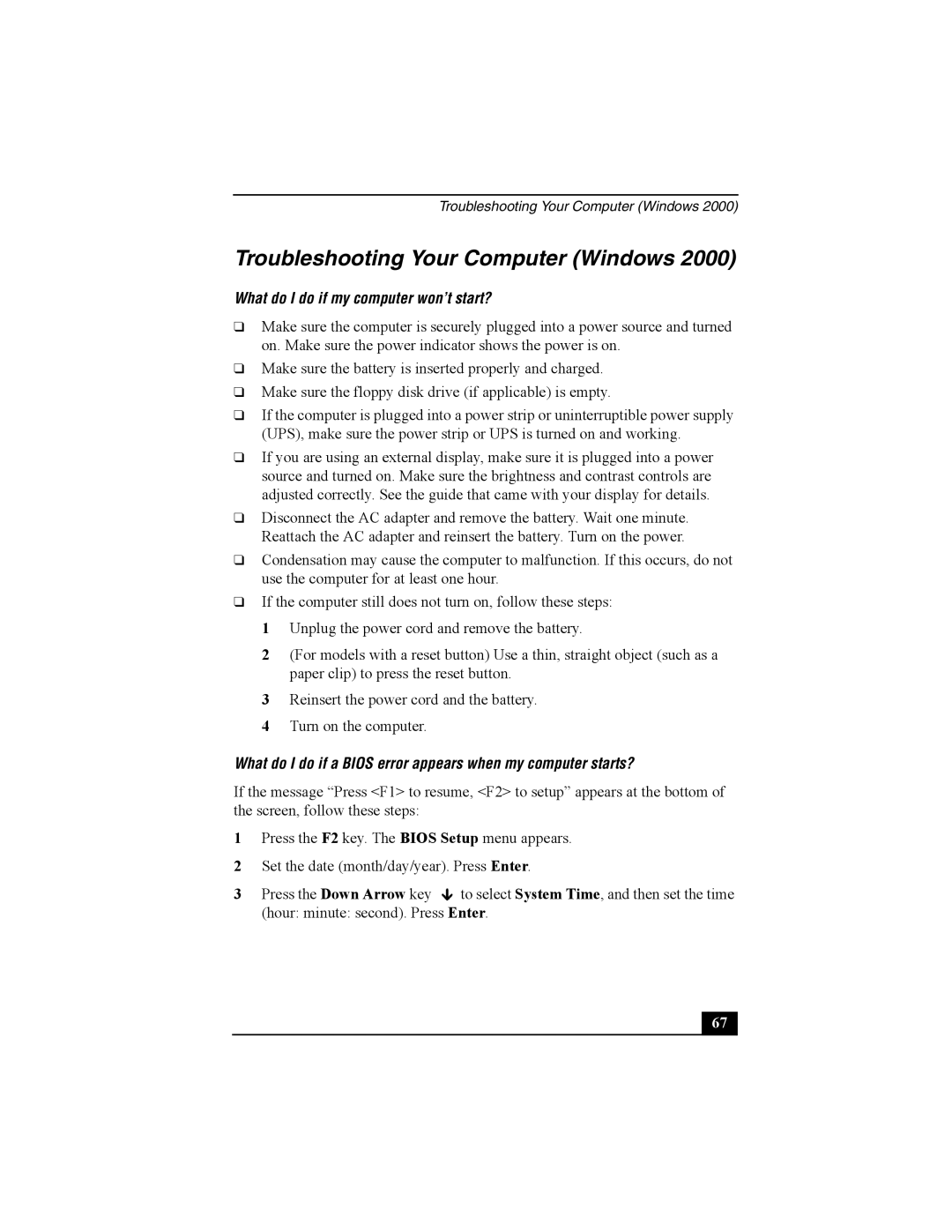 Sony PCG-V505B quick start Troubleshooting Your Computer Windows, What do I do if my computer won’t start? 