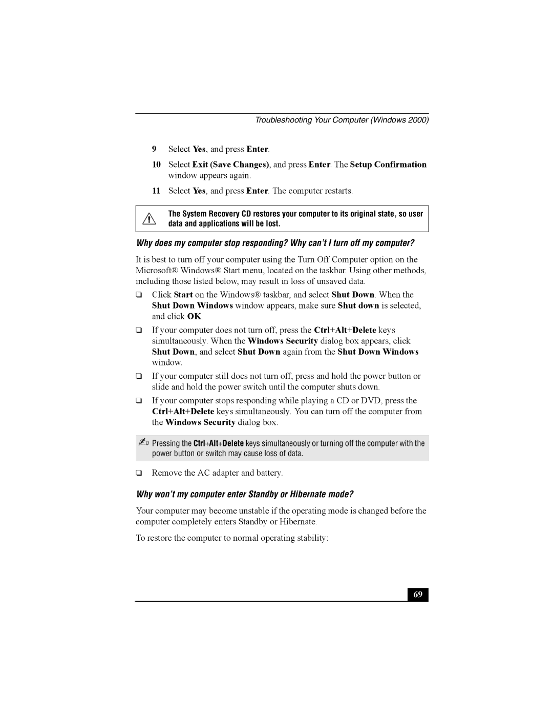 Sony PCG-V505B quick start Why won’t my computer enter Standby or Hibernate mode? 