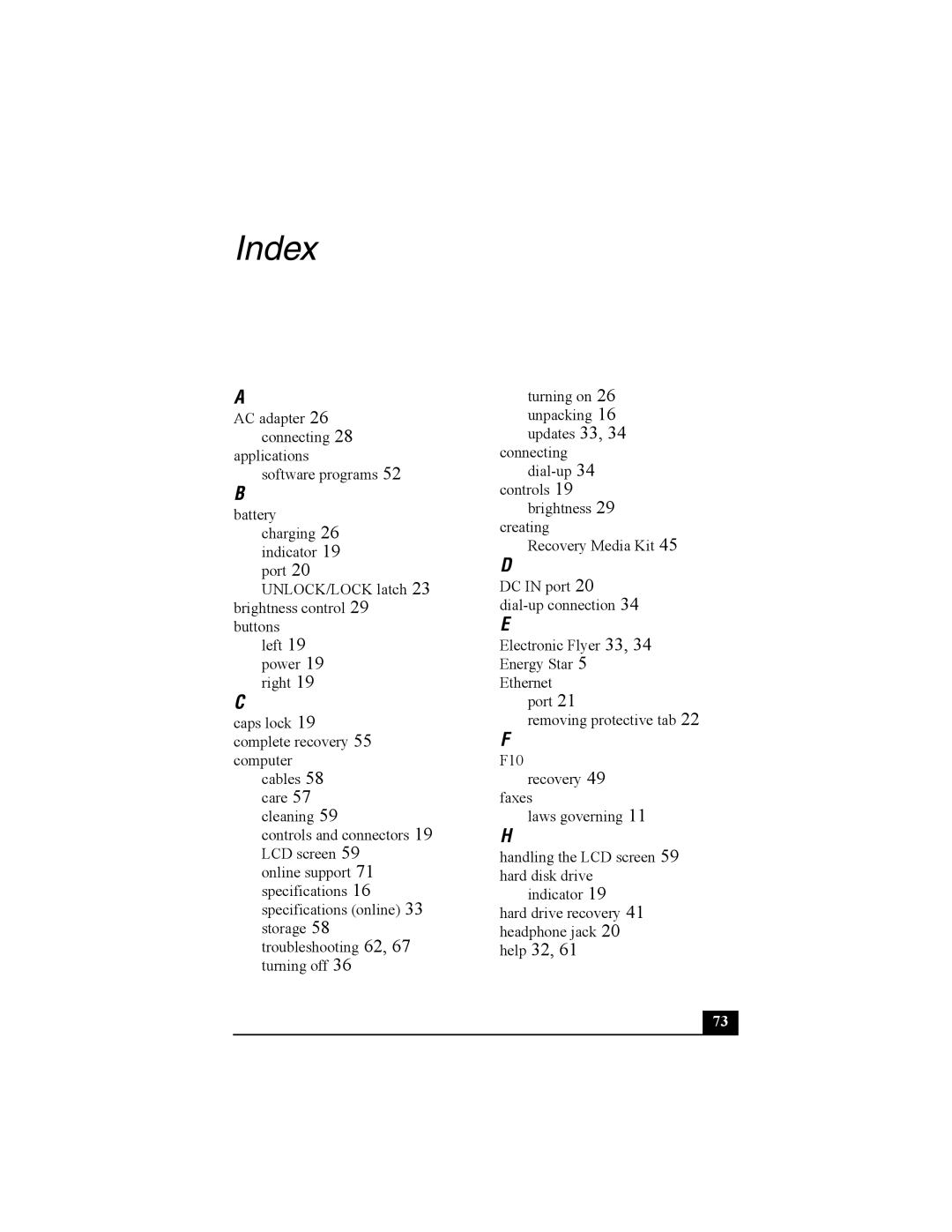 Sony PCG-V505B quick start Index, Help 32 