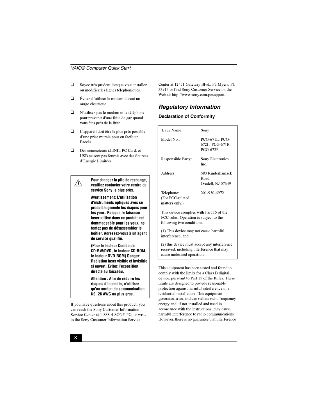 Sony PCG-V505B quick start Regulatory Information, Évitez d’utiliser le modem durant un orage électrique 